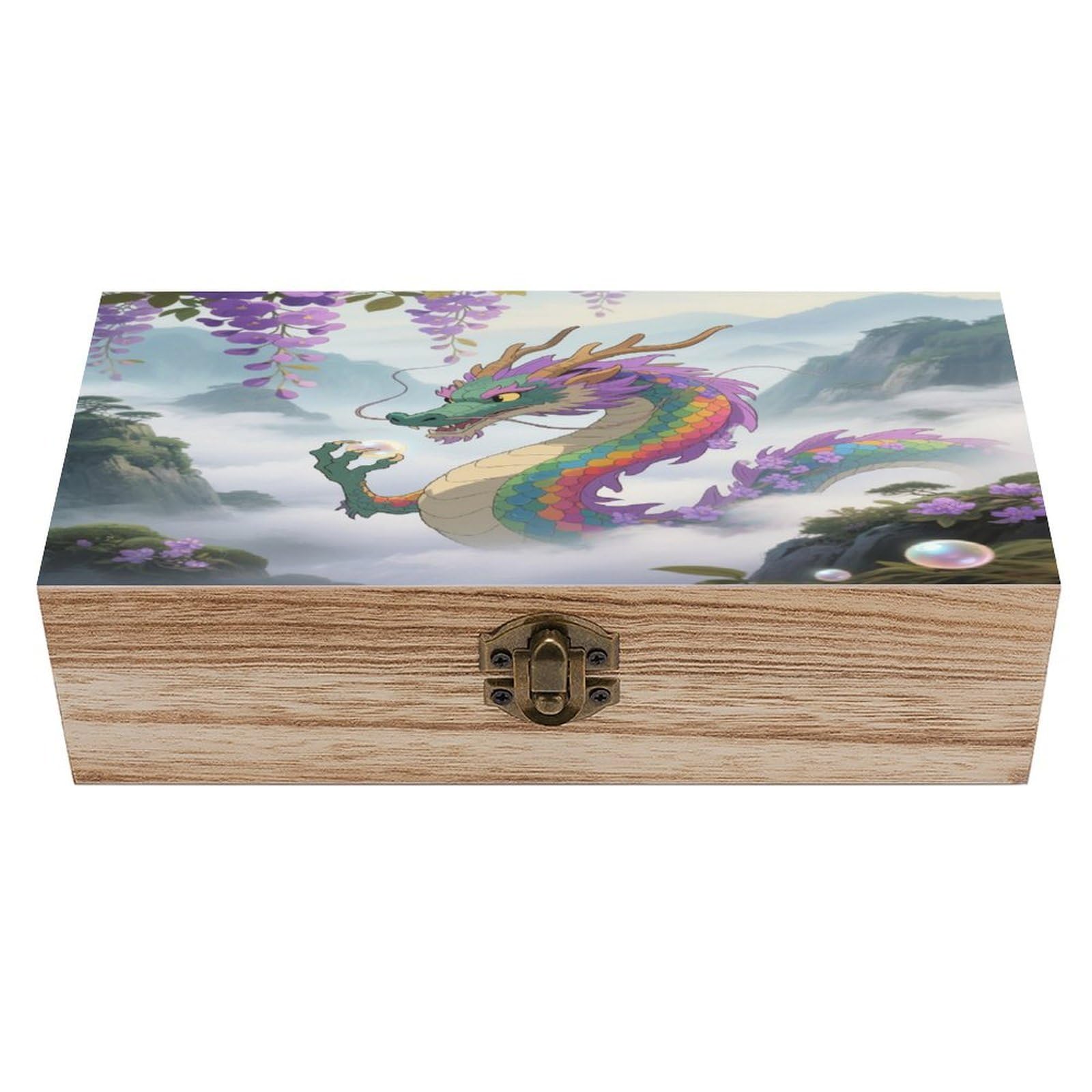 VstaDank Rainbow Scaled Eastern Dragon Wooden Storage Box Vintage Style Wooden Storage Case with A Hinged Lid Memory Treasure Boxes Decorative Jewelny Photos for Organizer 7.9 * 3.7 * 2.3 Inch