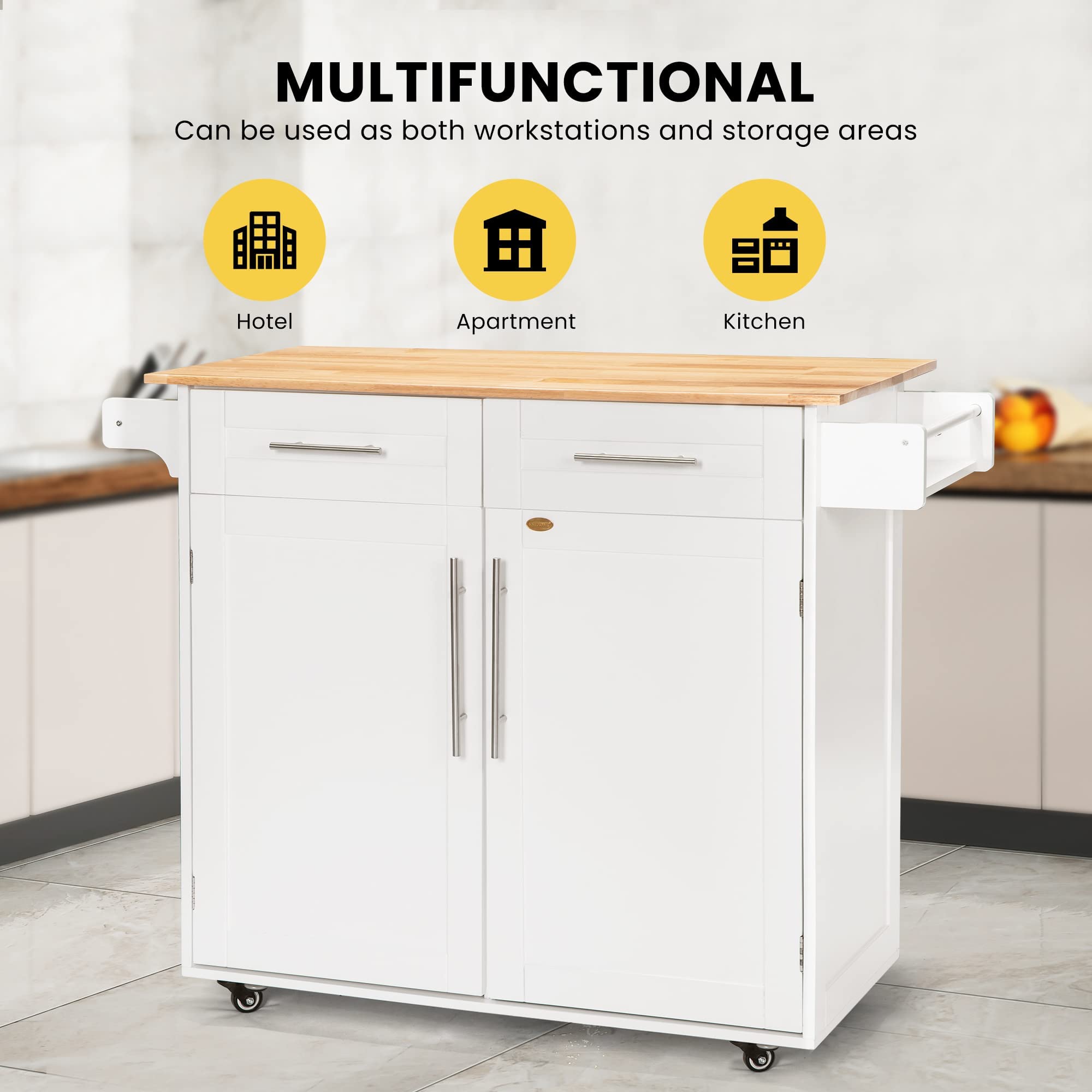 VIVOHOME Kitchen Island Cart on Wheels, Rolling Island Table with Storage, Towel Rack, Spice Rack for Dining Rooms, White Product Image 5