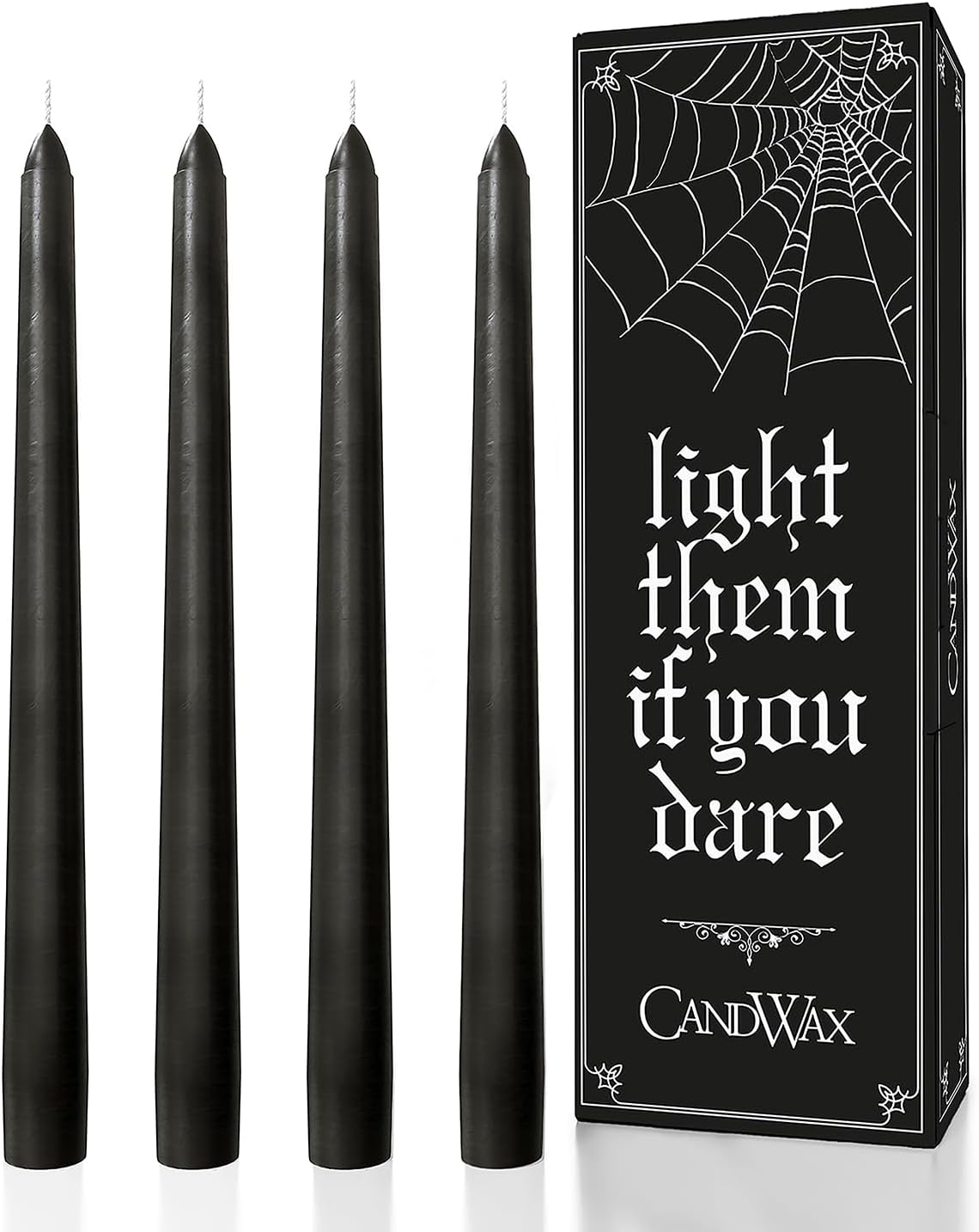 CANDWAX Black 12 inch Taper Candles Pack of 4 - Unscented Smokeless Dripless Tall Candle Sticks - Perfect for Home Decor, Special Occasions - Black Taper Candles (Packaging May Vary)