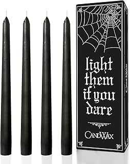 CANDWAX 10 inch Taper Black Candles Set of 4 — Dripless Tall Unscented Black Tapered Candle Sticks — Perfect for Household Decor, Dinner Centerpiece or Halloween Décor