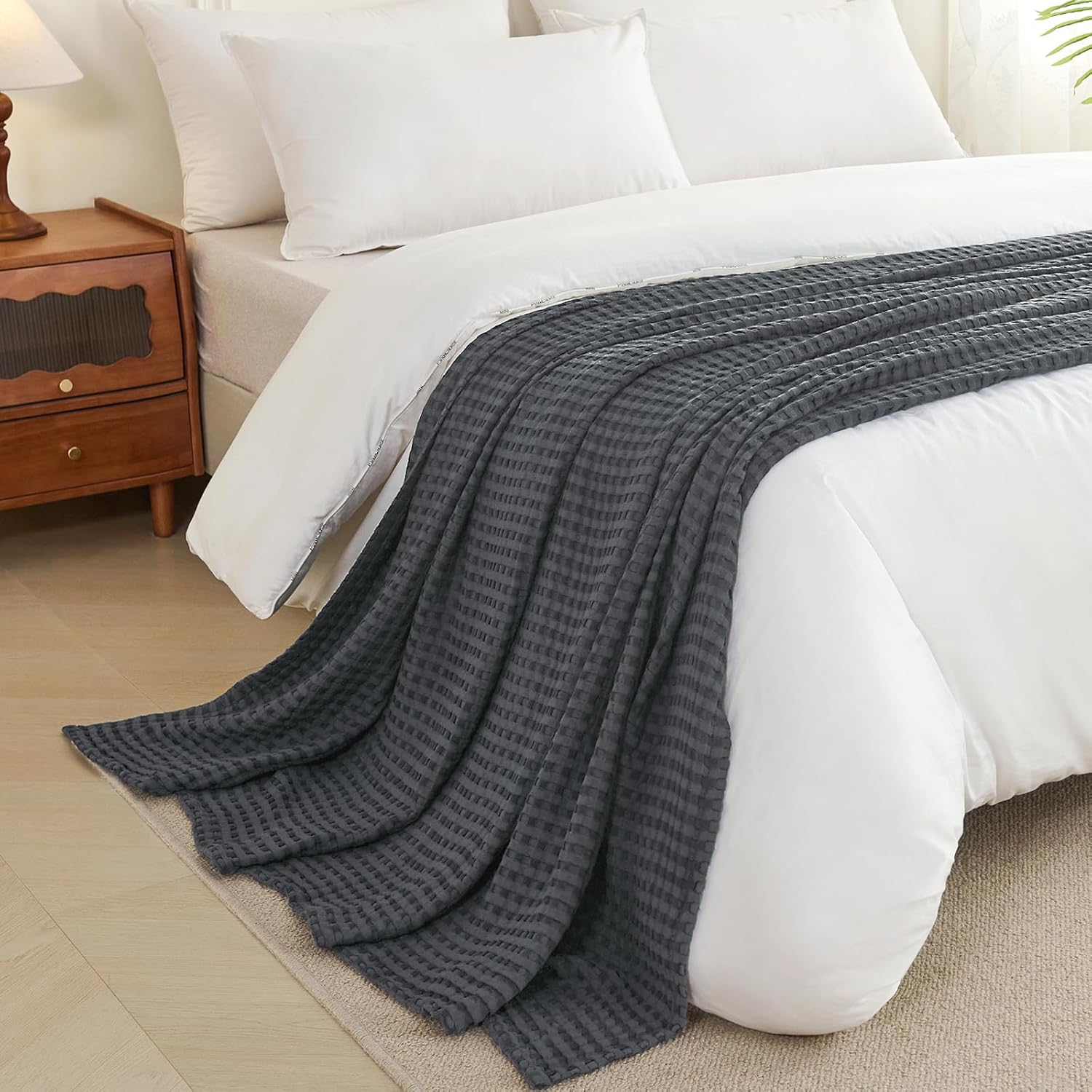 Aganear Waffle Blanket - Lightweight Breathable Summer Blanket of 50% Cotton and 50% Rayon Derived from Bamboo for Hot Sleepers Luxury Throws for Bed, Couch and Sofa,Dark Grey,104x90 Inches - Image 6
