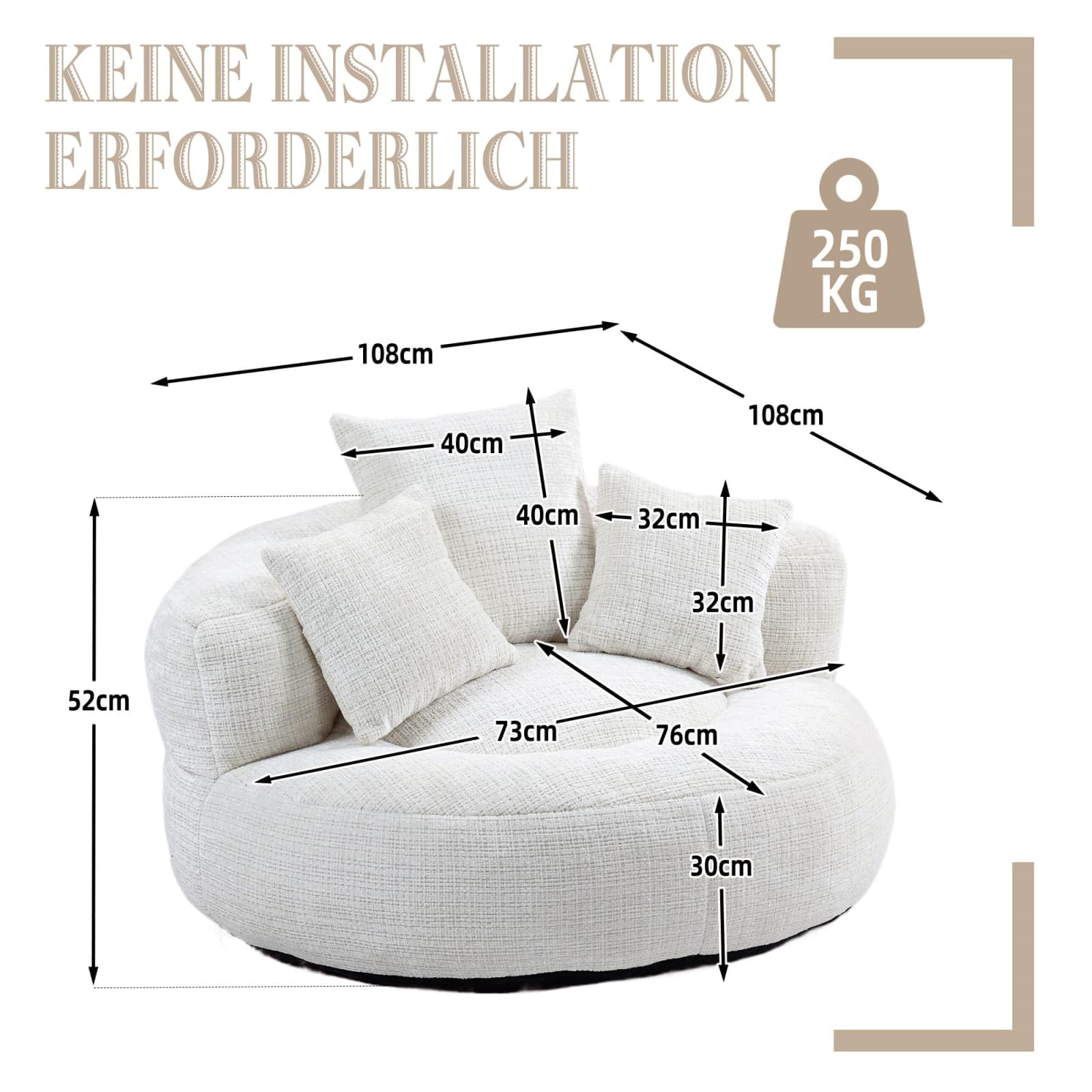 KOMHTOM Gros Pouf Canapé, Pouf Fauteuil Canapé pour Les Paresseux, avec 3 Coussins, sans Installation, Idéal pour Chambre, Salon ou cinéma Maison (Beige-Chenille)