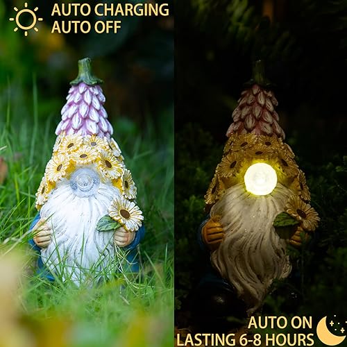 Miniatura 5 de Estatua de gnomo de jardín, figura de gnomo de resina, con luces LED solares, decoración al aire libre, escultura artística para patio, césped,