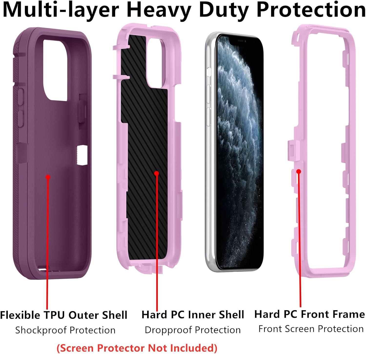 for iPhone 11 Pro Case, (Not Fit 11) Defender Case Heavy Duty Shockproof Dustproof 3 in 1 Rugged Protective Phone Cover for iPhone 11 Pro 5.8 inch (Pink/Purple) - Image 2