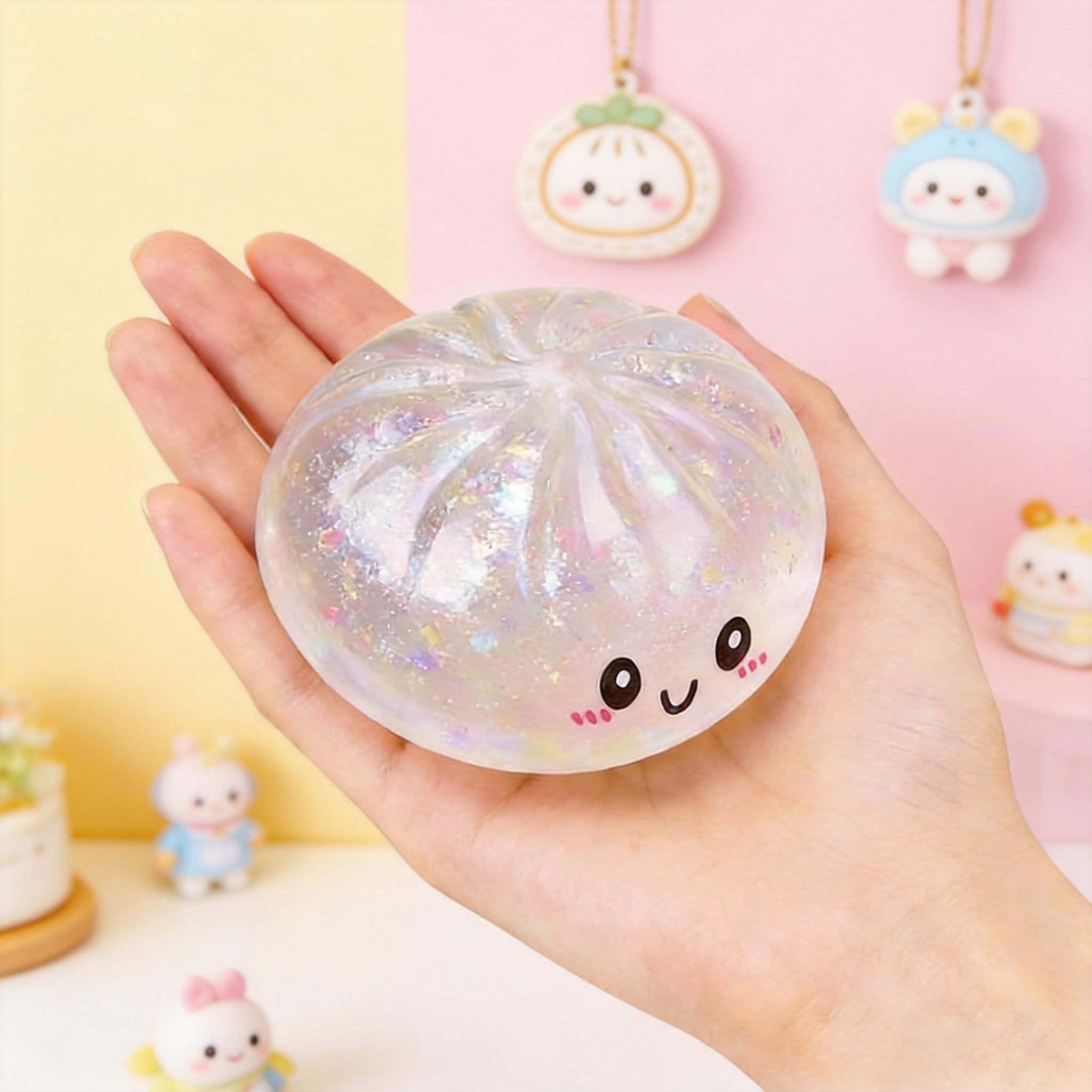 Dumpling Squishy mit Dampfgarer Box,mit Reinigungs- und Entlüftungshinweis Anti-Stress Handspielzeug als Geburtstagsgeschenk, 9 cm Transparent Regenbogen Glitzer Squishy Knödel