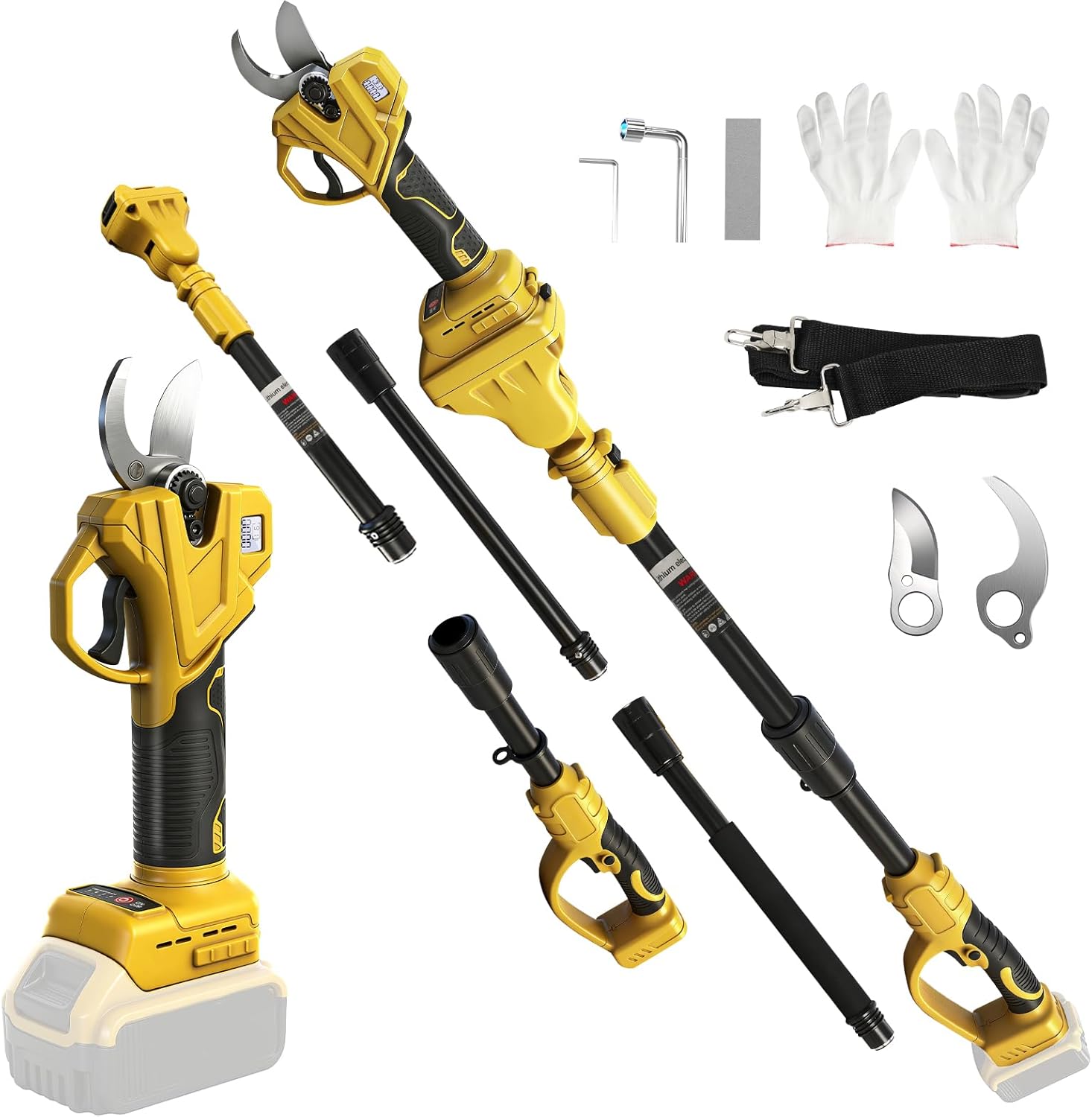 Cordless Pruning Shears Compatible with Dewalt 20V, Electric Pruning Shears with Extension Pole up to 4.57m Range, LCD Display 35 mm Battery Pruning Shears & Loppers for Garden (No Battery)