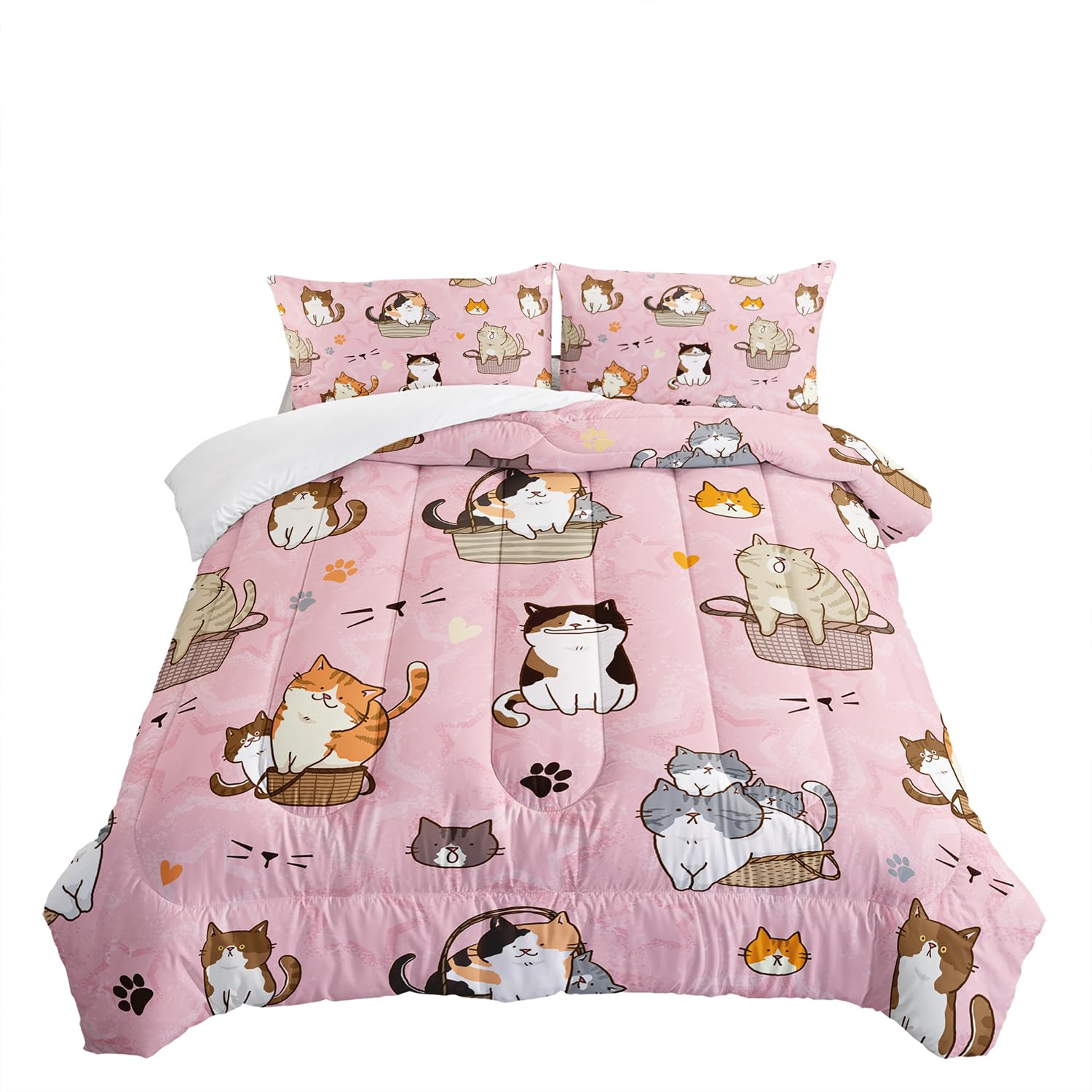 3 Piece Girls Cats Comforter Set Full Size Cartoon Cat Comforter Set,Pink Cat Bedding Sets for Girls Kids Teens Lovely Kitten Print Cute Animal