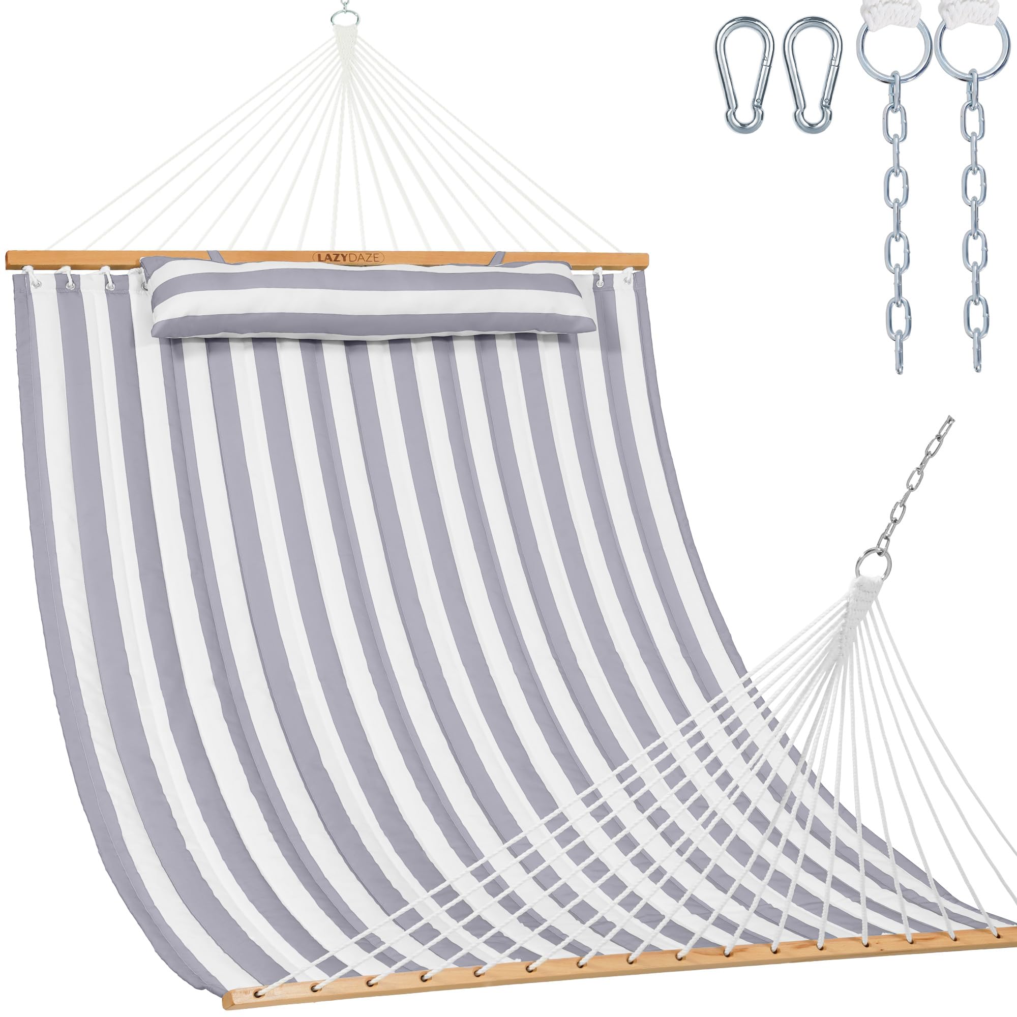 Lazy Daze Hammocks 12FT Quilted Fabric Double Hammock with Hardwood Spreader Bar, Detachable Pillow and Carabiners for Outside, 2 Person Hammock for Outdoor, 450LBS Capacity, Gray White