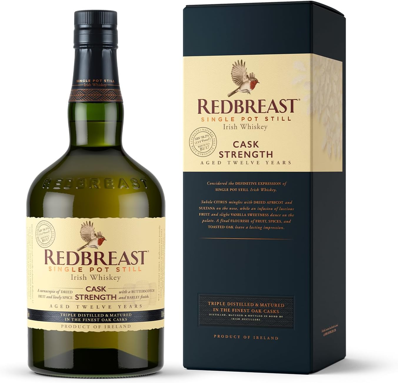 Redbreast 12 Year Old Cask Strength Single Pot Still Irish Whiskey, 70cl, 57.5% ABV - Signature Taste at Cask Strength, Rich Fruit & Oak Maturation, Spiced Finish, Gold Winning Irish Whiskey