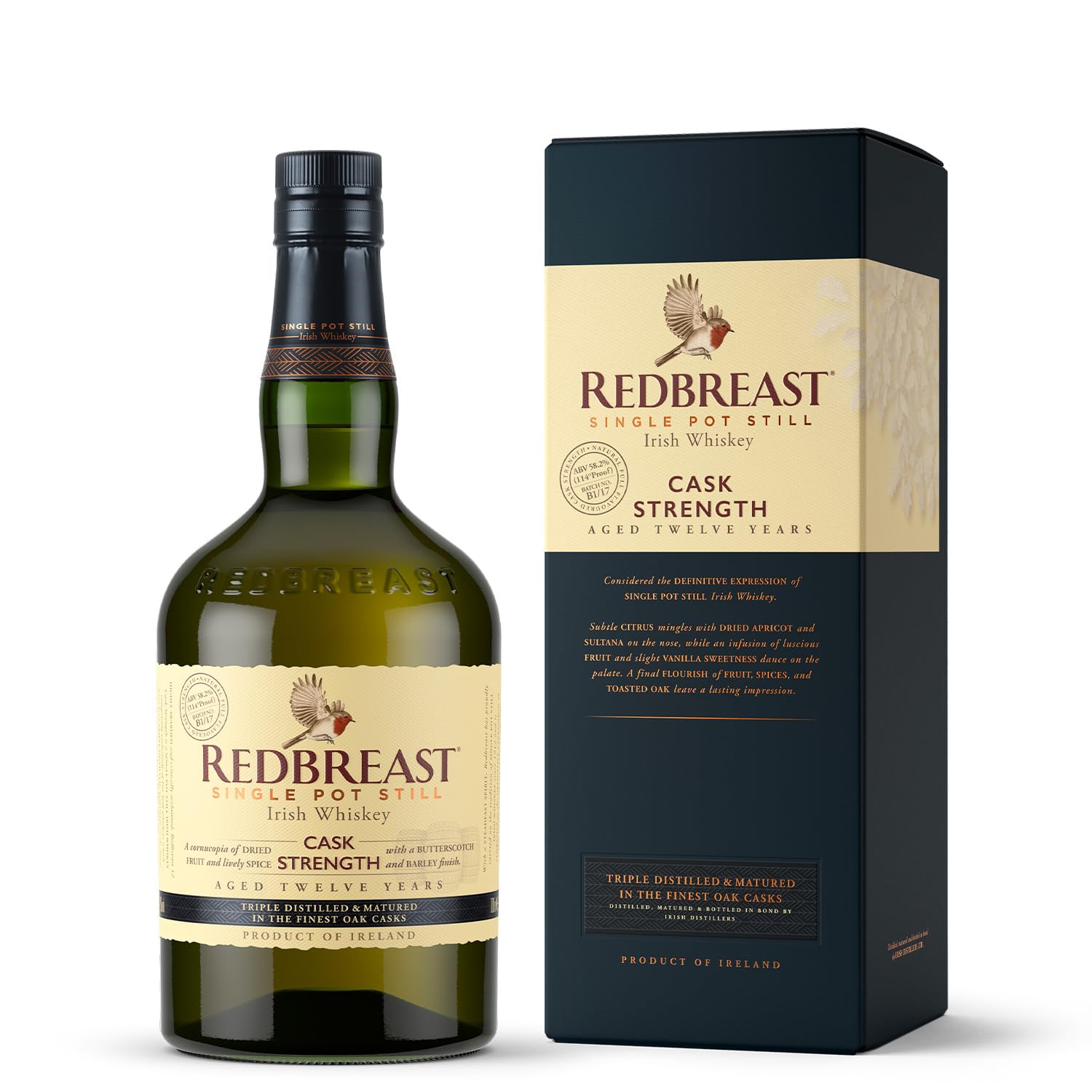 Redbreast 12 Year Old Cask Strength Single Pot Still Irish Whiskey, 70cl, 57.5% ABV - Signature Taste at Cask Strength, Rich Fruit & Oak Maturation, Spiced Finish, Gold Winning Irish Whiskey