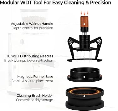 IKAPE Mantis WDT Distribution Tool with Clean Brush, V1-54mm Espresso Stirrer for Barista - 10 Needle Espresso Stirrer with Dosing Funnel & Stand, Adjustable Needle Height, Walnut Handle