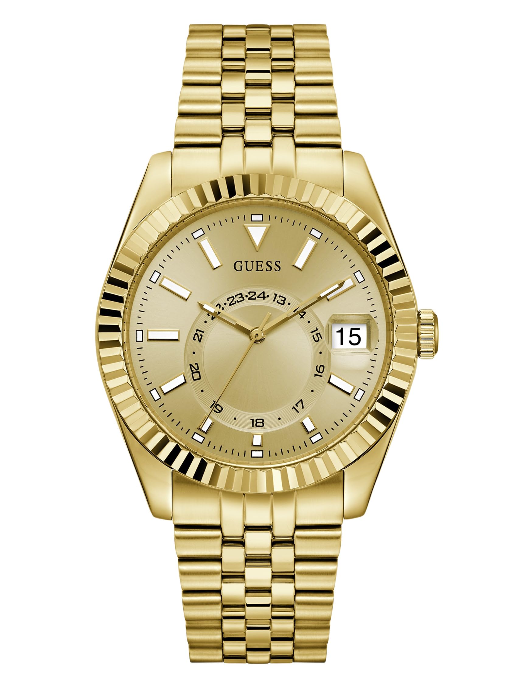 Guess Jaden GW0977G2 - Reloj de Pulsera para Hombre con indicador de Fecha, Correa de Acero Inoxidable, Cristal Mineral, Esfera Dorada, 3 Bares, diámetro de la Caja: 42 mm