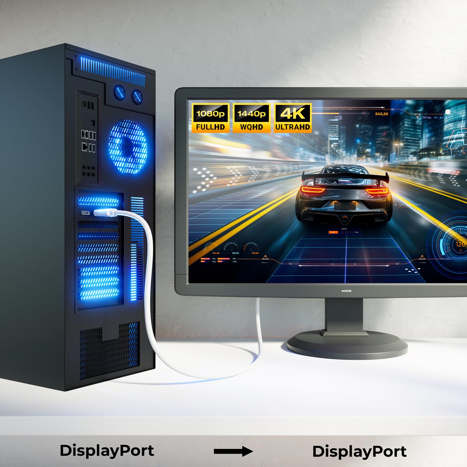 deleyCON 1m DisplayPort Kabel - 4K 2160p 3D HDCP - Wtyk DP (20 Pin) na Wtyk DP (20 Pin) - PC Notebook Monitor Karta Graficzna - Biały
