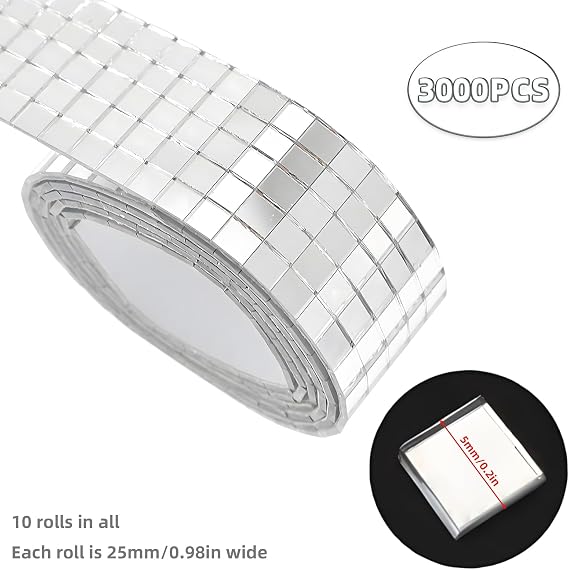 3000 Pieces Self-Adhesive Mirrors Mosaic Tiles, Glass Mirror Wall Sticker, Square Glass Mosaic Stickers Mini Mirror Stickers for DIY Disco Party DIY Decor (5 x 5 mm, Silver)