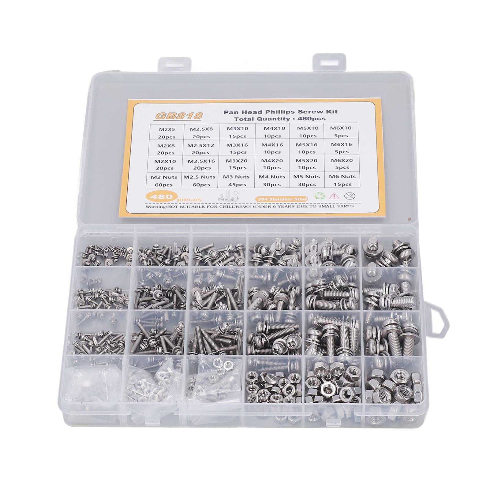 Kit de tuercas y arandelas para tornillos de cabeza plana, de acero inoxidable, 480 piezas, juego variado de herrajes de acero inoxidable 304 con caja de almacenamiento para repara