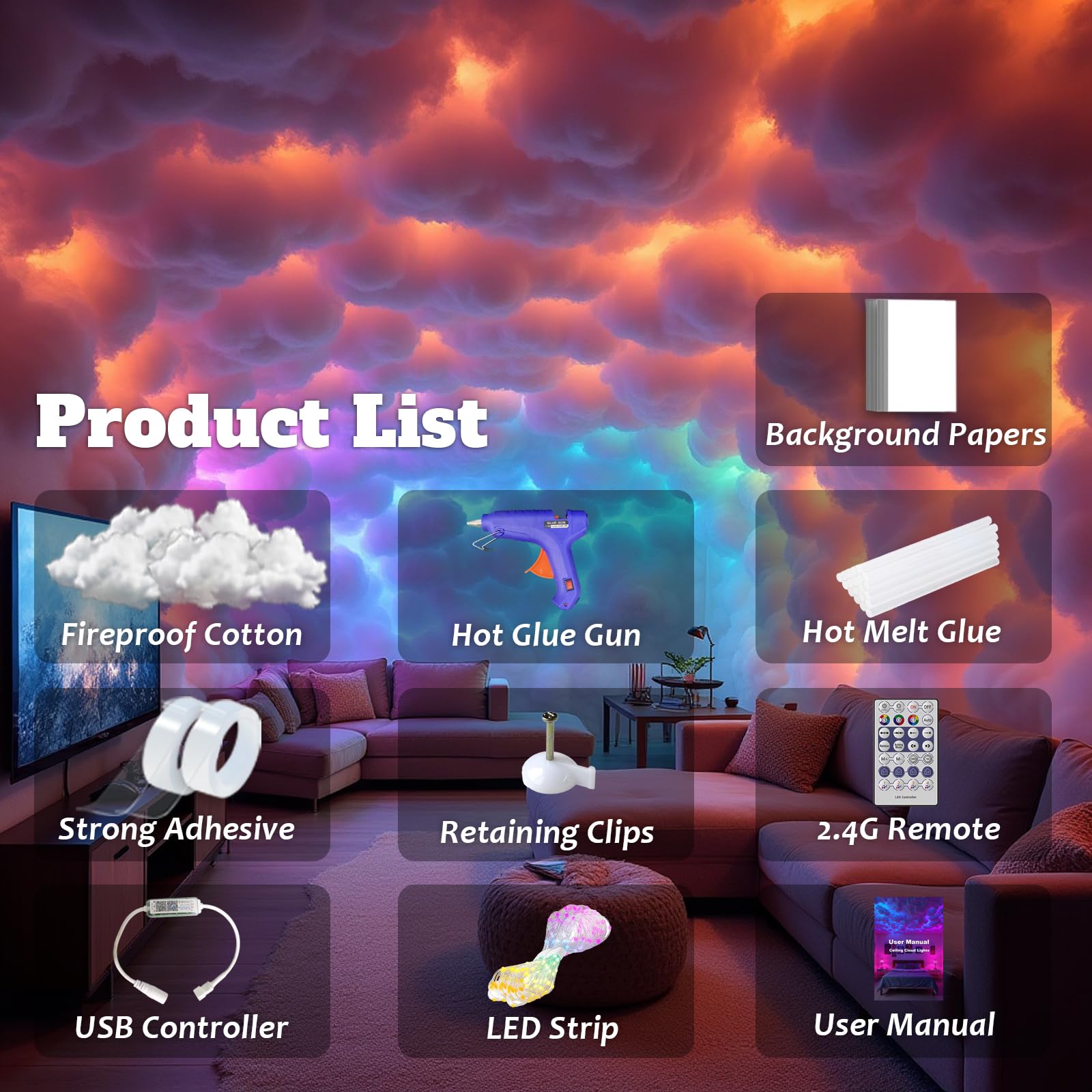Wolkendecke LED Watte Licht, DIY RGB+IC Chasing Musik Sync 3D Baumwolle Deckenwolkenlicht mit APP und Fernbedienung zur Dekoration (5M)