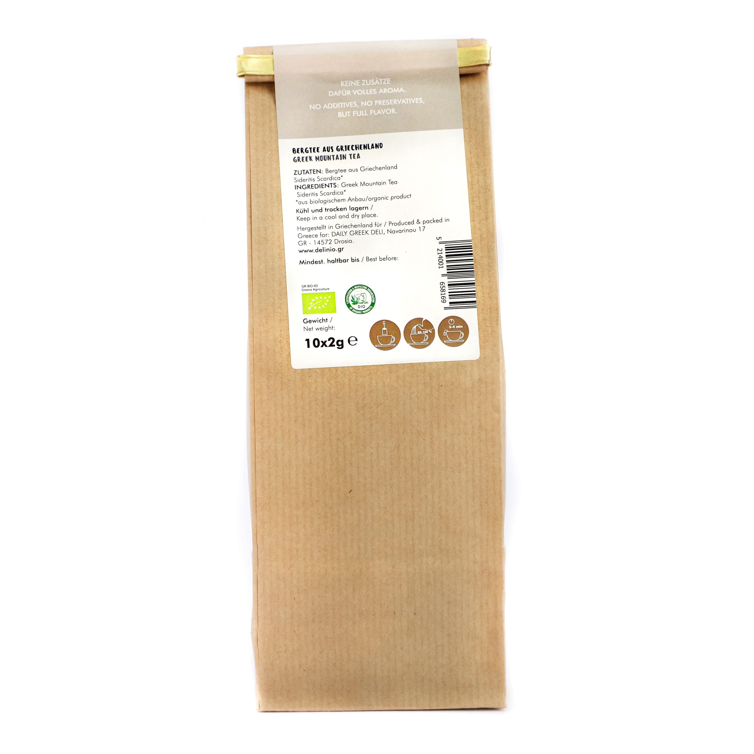 DELINIO Griechischer Bergtee Sideritis Scardica Bio - 10er-Pack (100 Teebeutel, je 2 g) - ergiebig: 1 Beutel bis 1 L - handgeerntet in Griechenland, ohne Zusätze, koffeinfrei - heiß oder als Eistee