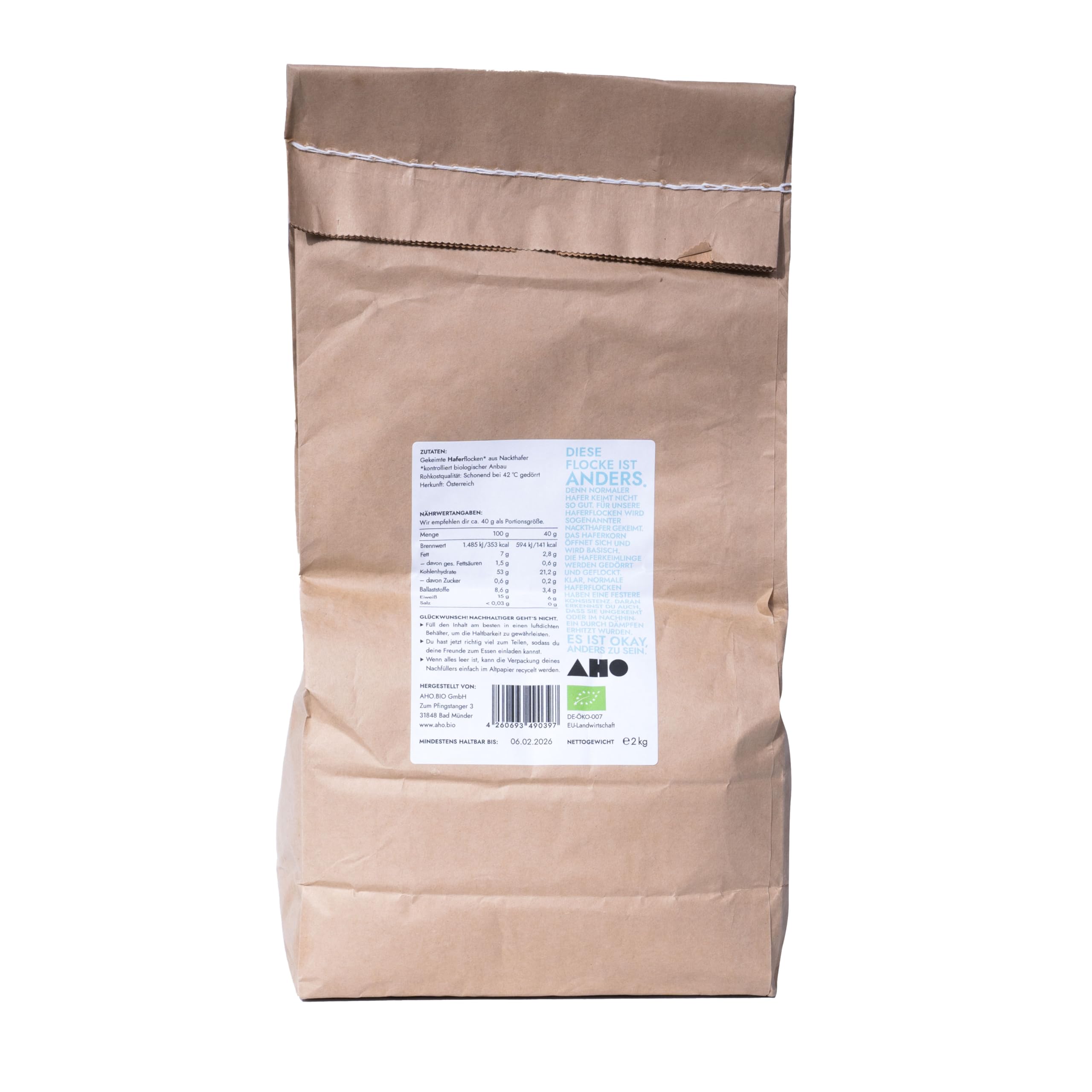 AHO Farina d'avena germogliata da 2 kg, bio dalla Germania e dall'Austria, confezione senza plastica, avena nuda biologica germinata e secca a 42 °C