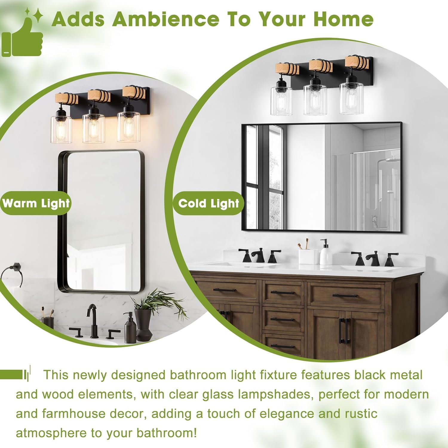 3-Light Farmhouse Bathroom Vanity Light – Wood & Black Metal, E26 Base, Vintage Wall Fixture For Mirror, Bedroom, Hallway