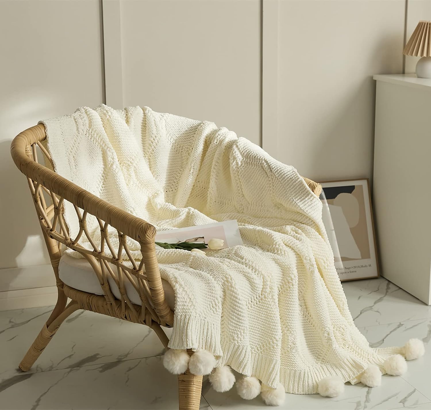 MIDO HOUSE Chenille Pom Pom Throw - Soft & Cozy Knitted Blanket Handmade Throw with Tassels for Couch, Bed, Sofa, Chair