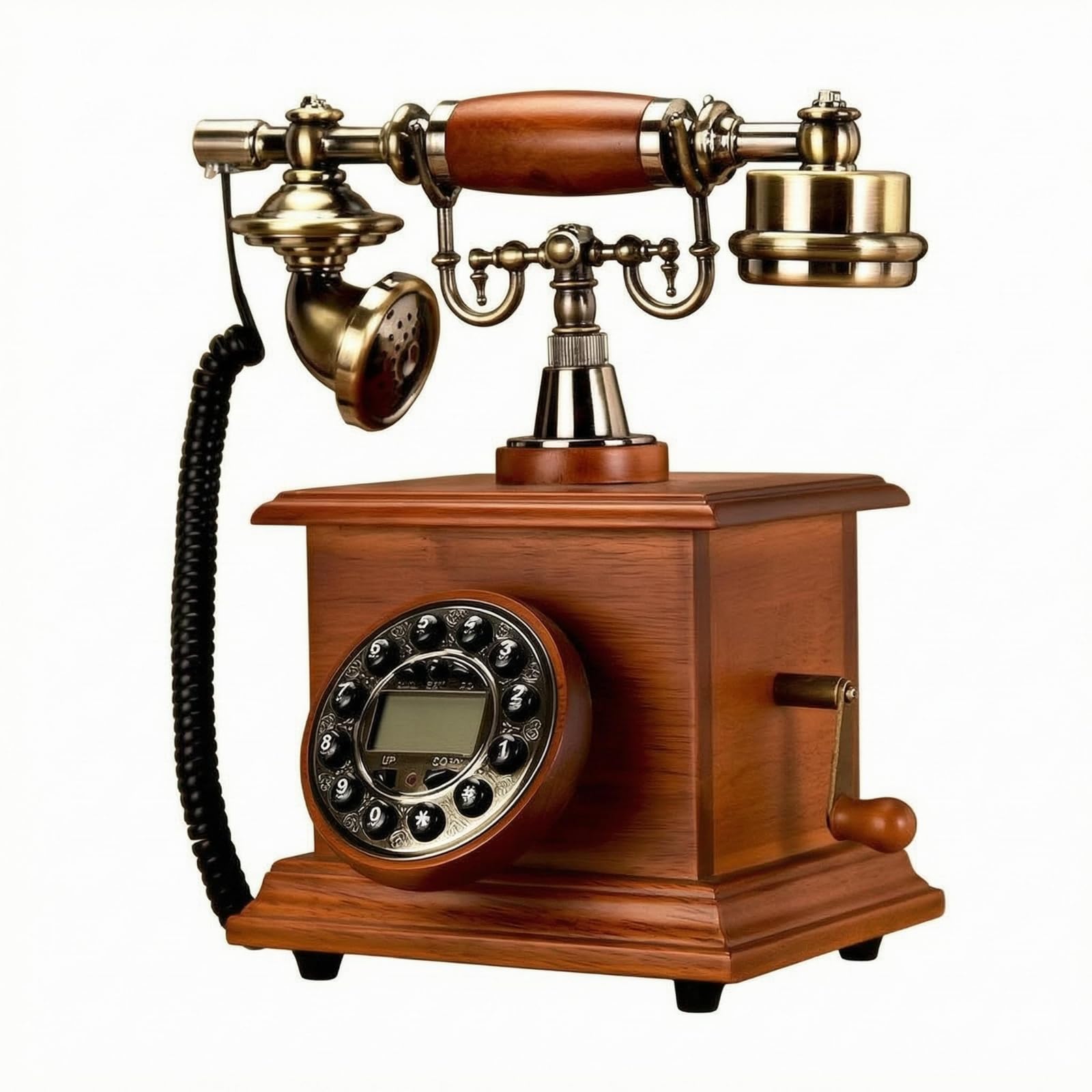 Teléfono Retro de Escritorio con Base de Madera Clásica Panel Redondo Auricular Curvo y Cable en Espiral sin Batería Adecuado para Sala Oficina Recepción, Madera