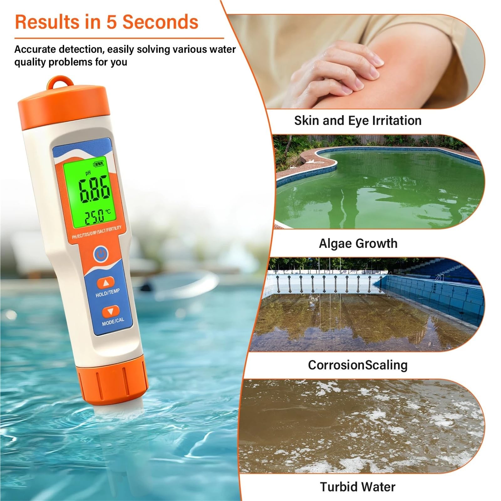 Misuratore digitale 7 in 1 di pH/sale/ORP/EC/TDS/fertilità/temperatura 0,01 Tester pH acqua ad alta precisione for acquario, piscina,Multifunzionale
