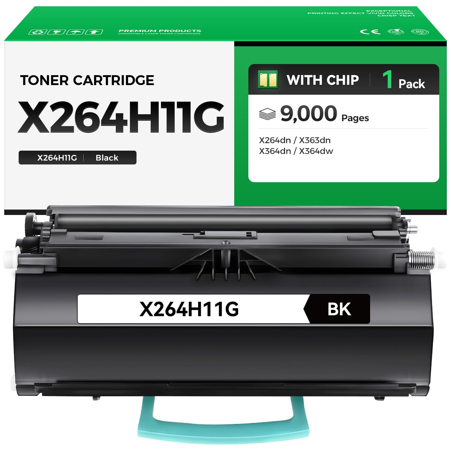 X264H11G Black Toner Cartridge with chip High Yield 1-Pack Replacement for Lexmark X264H11G Toner Compatible with Lexmark X264dn X363dn X364dn X364dw Laser Printer Ink All-in-One Copier (9,000 Pages)
