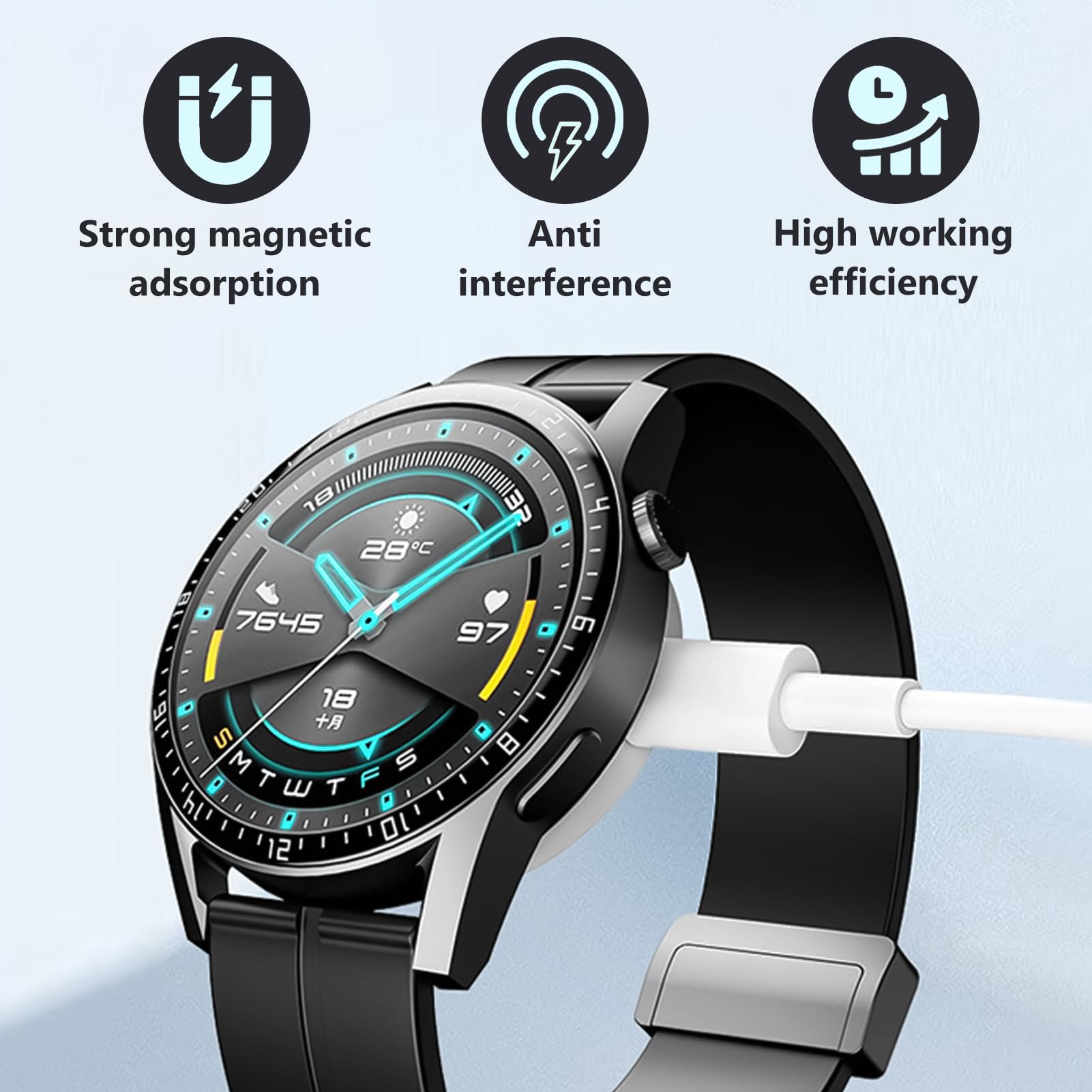 Magnetyczna ładowarka kompatybilna z Huawei Watch GT 5/5 Pro/GT 4/3/3 Pro/3 SE/2/Watch 4/3/Ultimate, przenośny adapter do ładowania z kablem USB 1 M, szybkie i bezpieczne ładowanie, biała