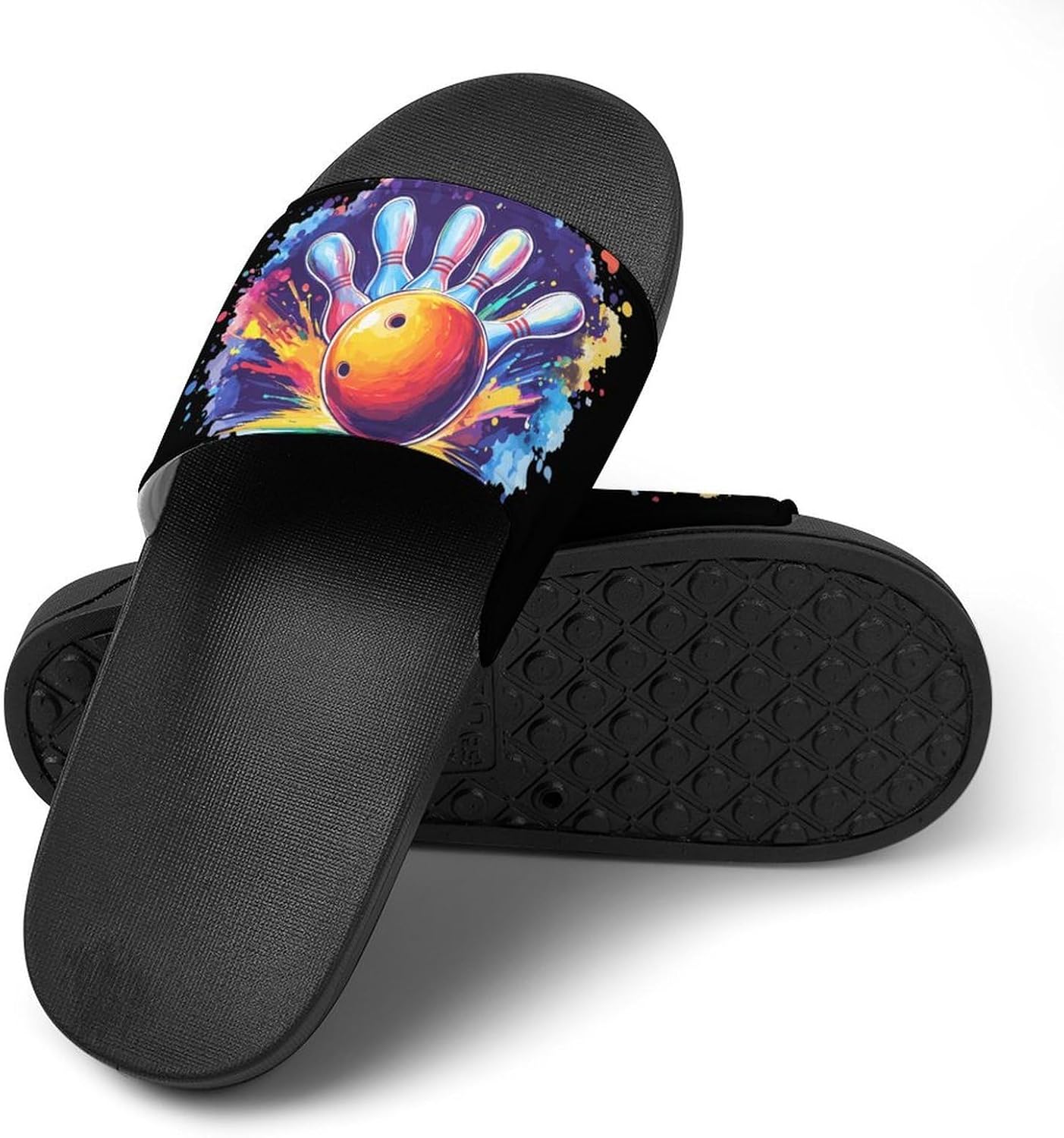 Art Bowling Ball Hitting Pins Men's Slippers Casual Non-Slip Slide Sandals Beach Bathroom Shower Shoes for Women
