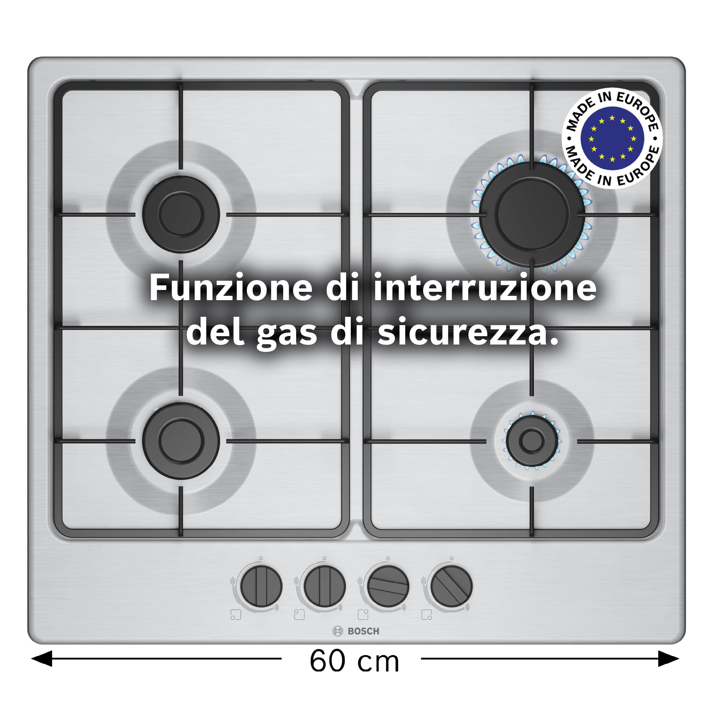 Bosch PGP6B5K60, Piano cottura a gas, Manopole a ponticello: controllo ergonomico, 4 fuochi, Acciaio, Versione Esclusiva Amazon, 60 cm, Serie 4 - NEW, Inox