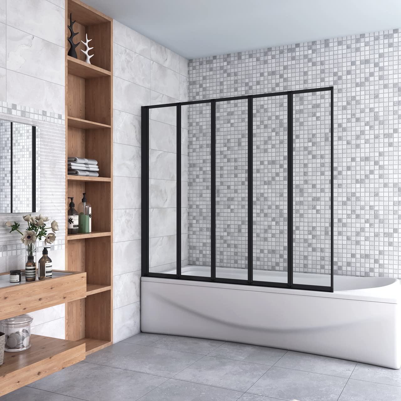 140 cm Sopravasca 5 Ante Pieghevoli a Libro Vetro 4 mm Temperato Trasparente Telaio Nero Opaco 120 cm
