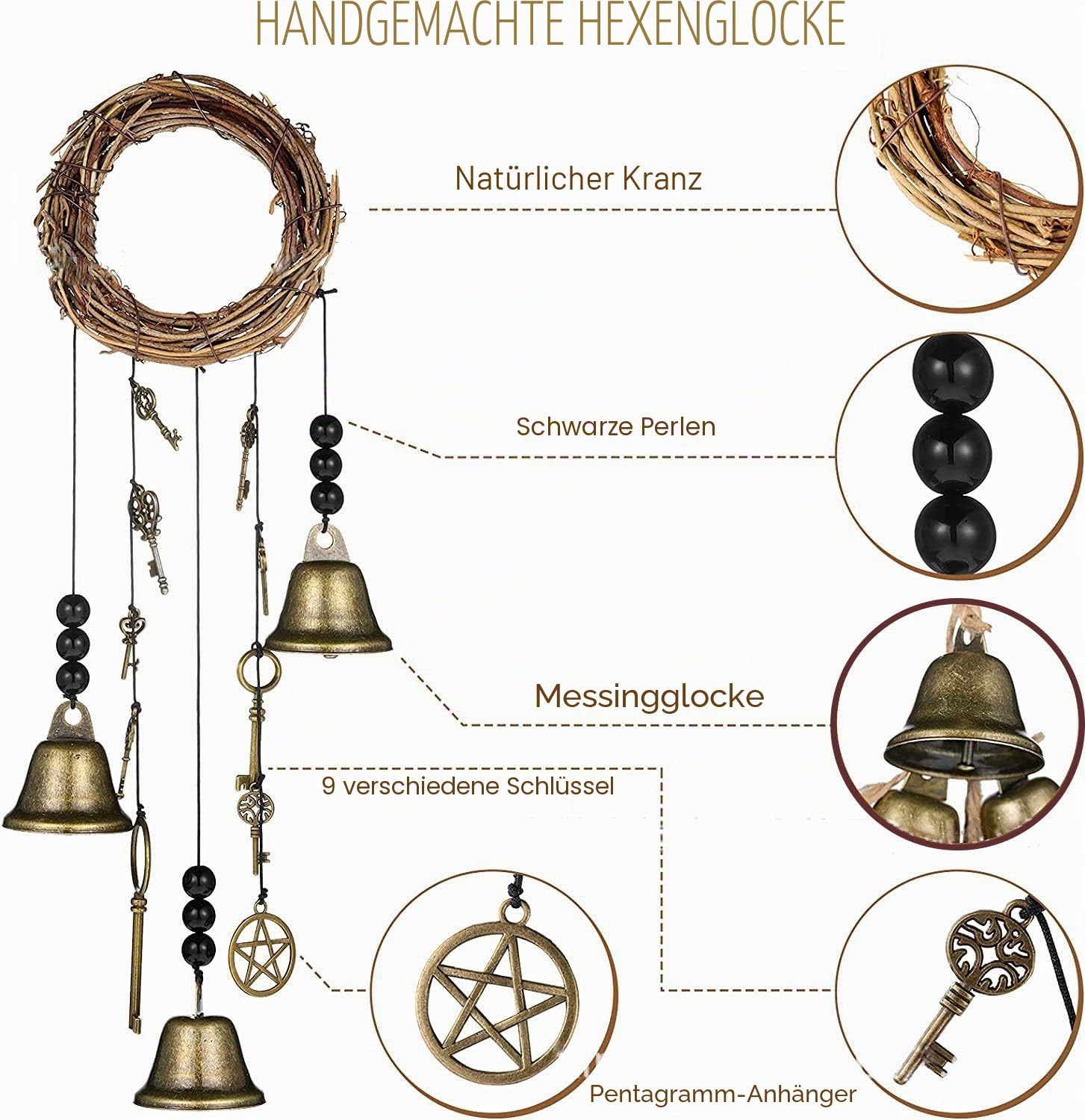 Hexenglocken-Türanhänger, 2-teiliges Set – 2 Hexen-Windspiele für Türaufhänger, perfekte Handarbeit, natürlicher Kranz, Kunststoffperlen, Messingglocke und exquisites kleines Zubehör