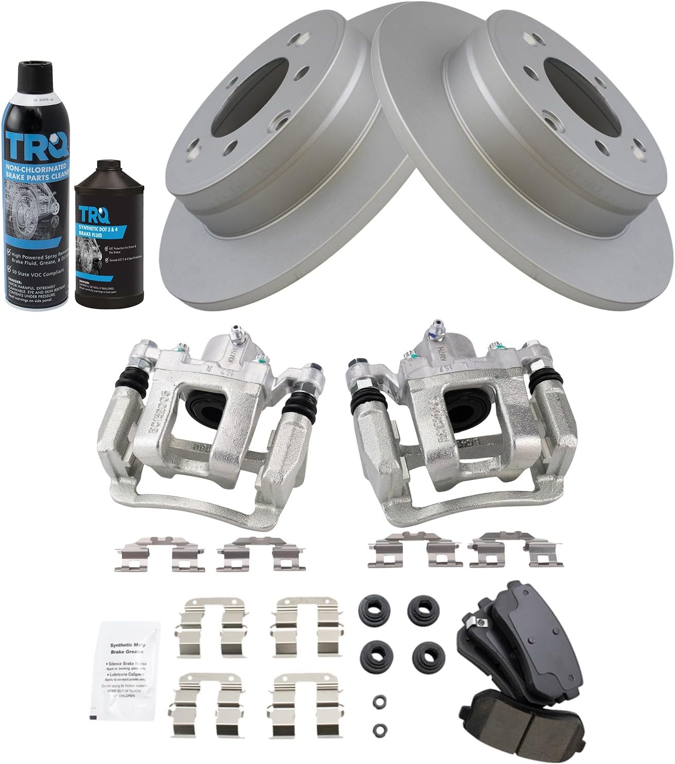 TRQ Rear Brake Pad, Caliper, & Rotor Kit, with Chemical Kit Ceramic Premium G-Coated Compatible with 2015 Hyundai Sonata