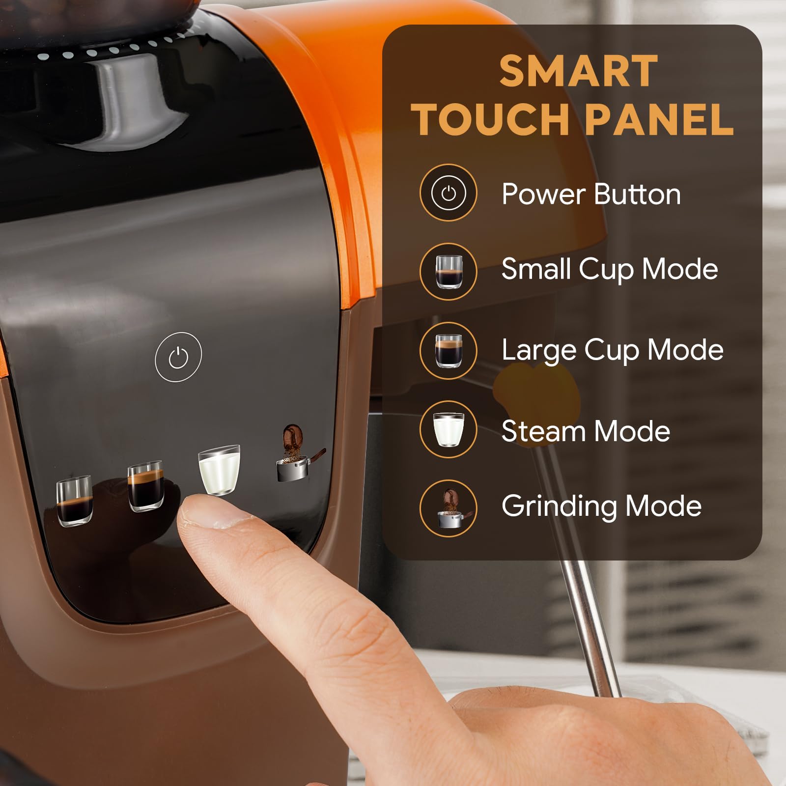 RECAFIMIL19 Bar Espressomaschine mit Bohnenmühle, 2-in-1-Kaffeemaschine, Cappuccino- und Latte-Zubereiter mit Milchaufschäumer, Touchpanel, abnehmbarer Wassertank (Orange)