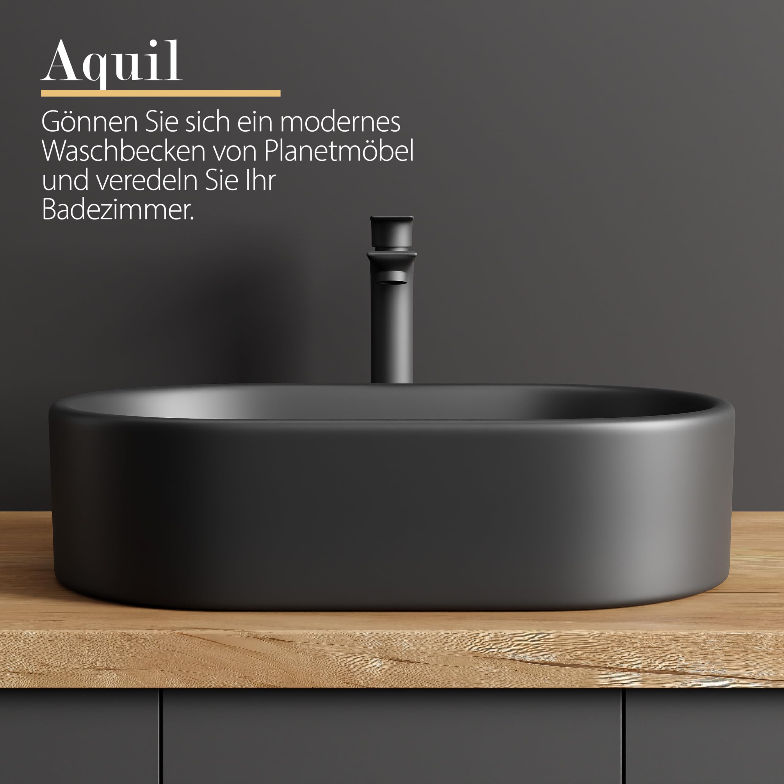 Planetmöbel Aquil Elegante lavabo ovale | Lavabo da appoggio per bagno e WC degli ospiti | Lavabo a mano senza foro per rubinetto e troppopieno, nero, 55 x 34 x 14 cm