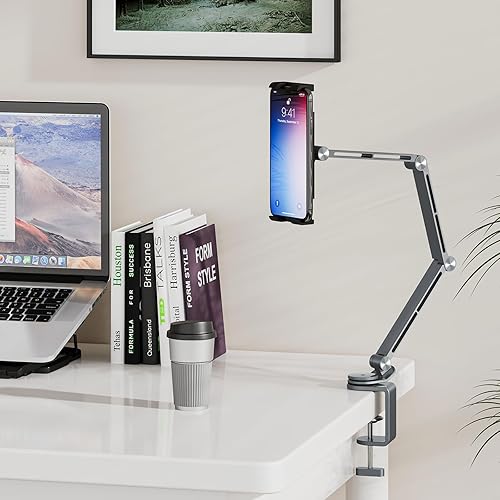Miniatura 7 de Houele Soporte para tableta, brazo plegable ajustable para tableta iPad con base giratoria de 360, soporte para teléfono iPad para escritorio y
