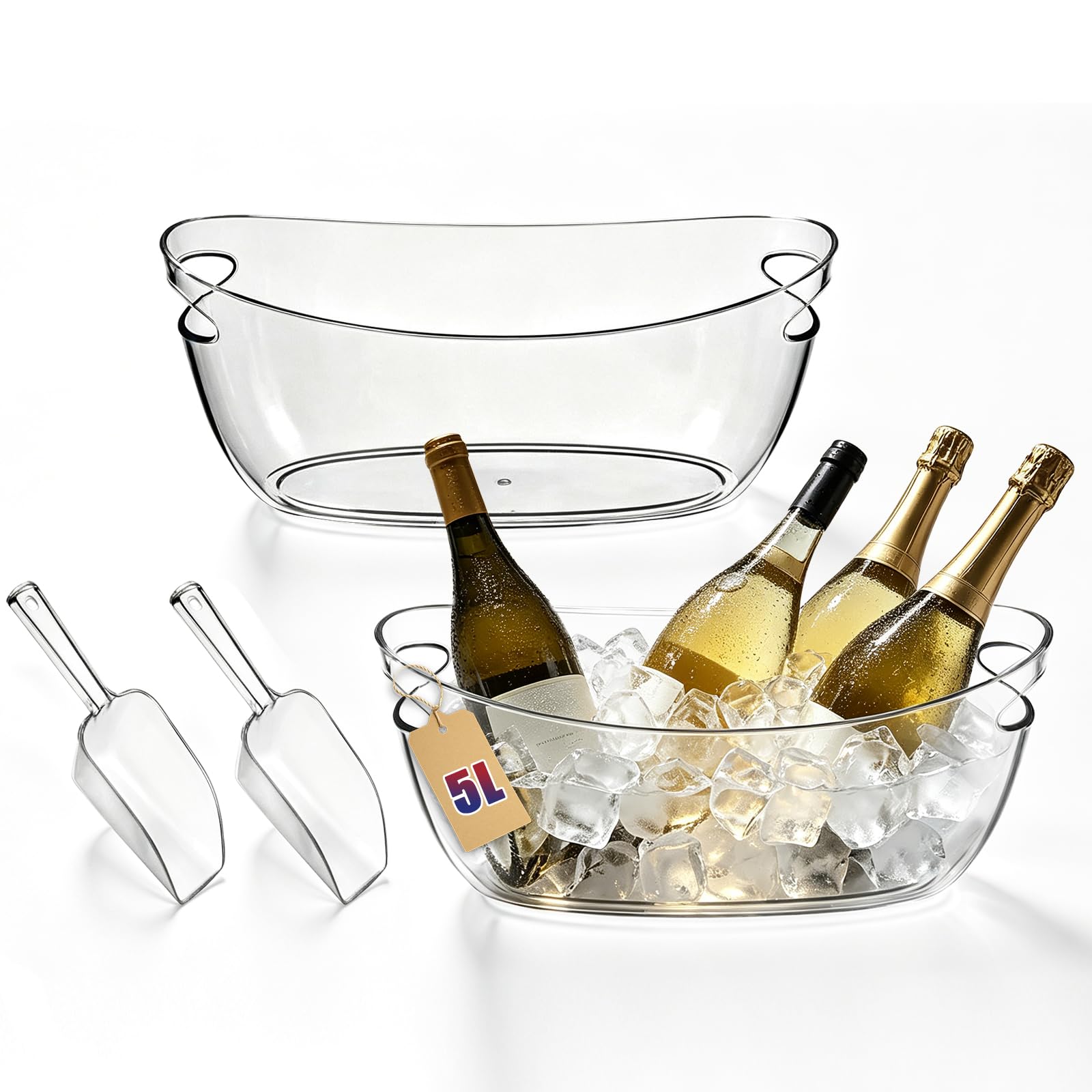 NYXOVA Paquete de 2 cubos de hielo acrílicos transparentes de 5 litros con cucharas, grandes tinas para bebidas, champán, vino, cerveza, cócteles y suministros de bar de mimosa