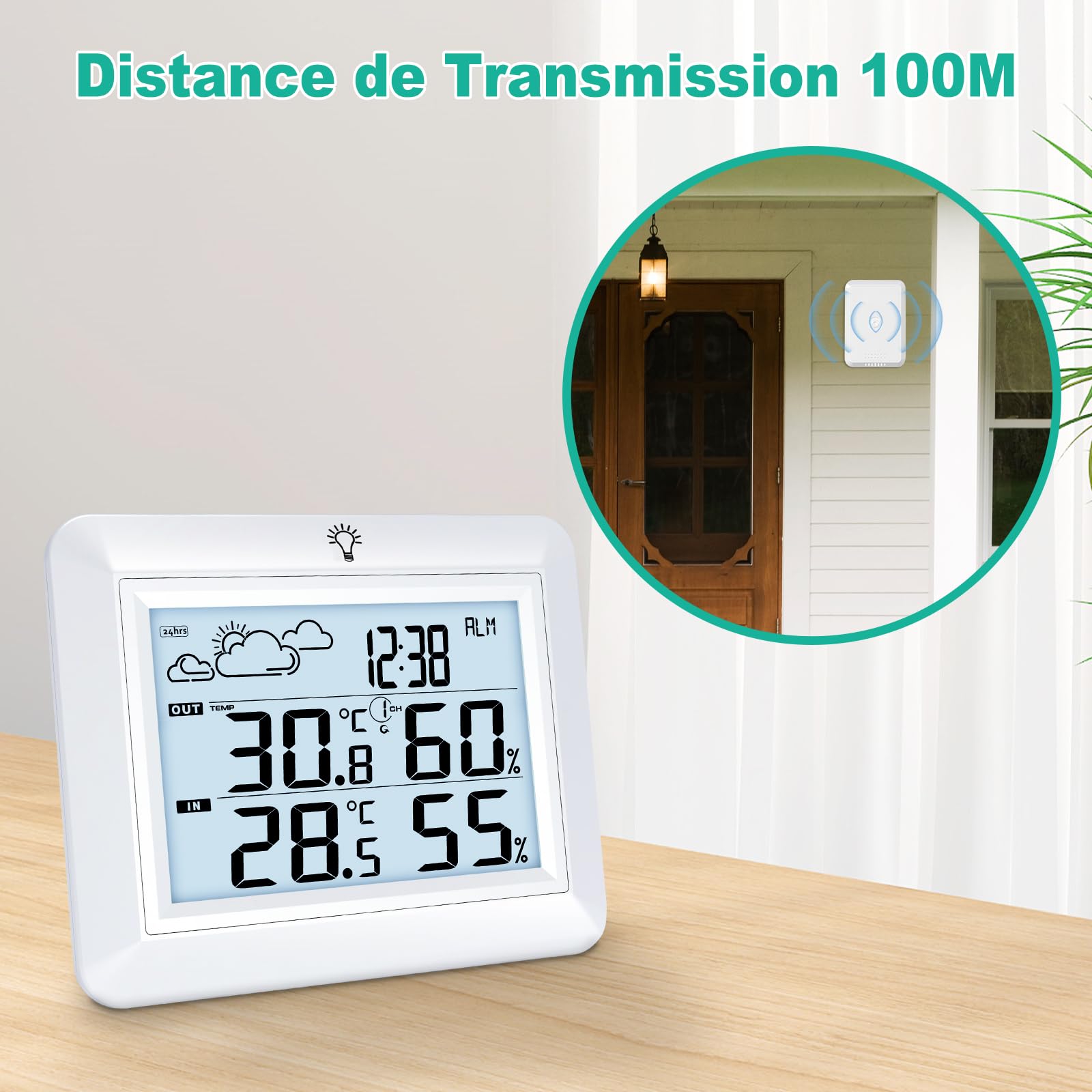 Urageuxy Thermometer Innen Außen, Digital Thermometer Hygrometer mit Wettervorhersage, Hygrometer, Weckzeiten, MIN/MAX-Aufzeichnung, 100m Reichweite, LCD Backlight Display