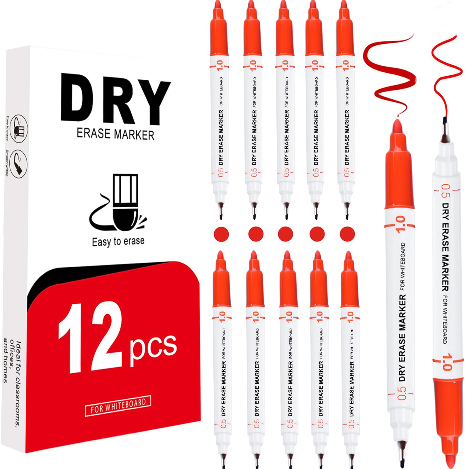 EFNHJF5 12 rotuladores para pizarra blanca, finos de 0,5 mm, de doble punta, rojo, se pueden limpiar en la escuela, la oficina y el hogar (rojo)