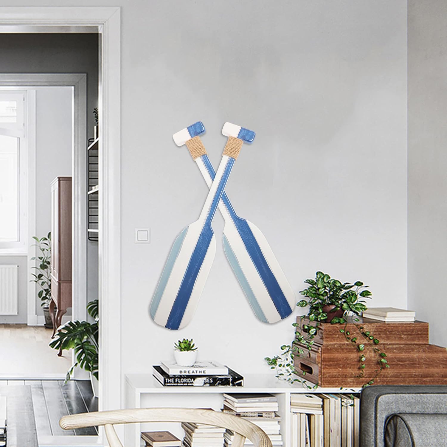 LIFKOME Nautical Wooden Double Oar Decors with Rope Nautical Oar Paddles Wall Decor Indoor Décor Beach House Paddle Decor Door Hanging Ornament Beach Theme Home Decoration