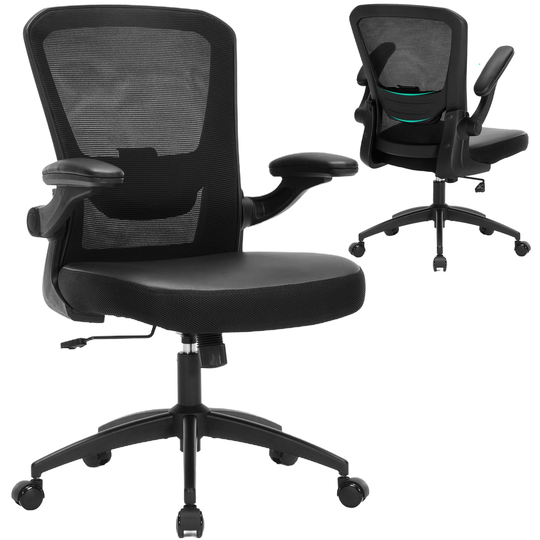 TOPBSHODC Ergonomic Office Chair 400lbs PU Leather Mesh Desk Chair with Lumbar Support Flip-Up Arms Swivel Wheels Adjustable