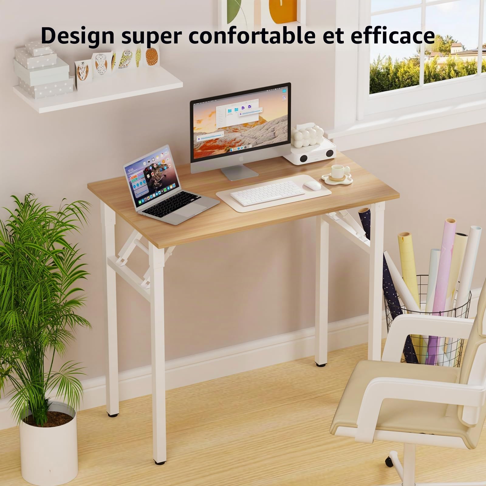 PIPIPOXER Petit Bureau Pliant 80x50x76cm, Table Pliable d'Ordinateur, Cadre en Métal, pour Étudier, Travailler, Chambre, Imperméable, Bois