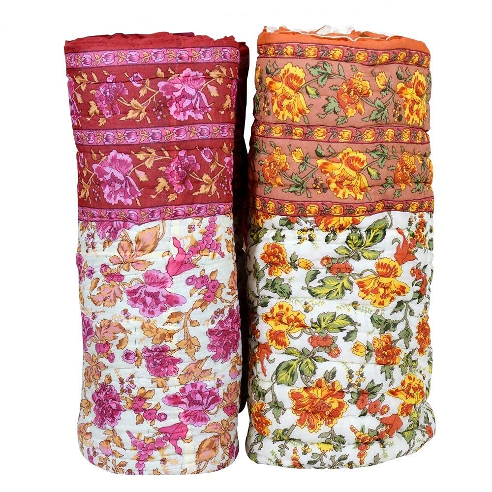 HOPEE SHOP 210 TC Jaipuri Rajasthani Lightweight Traditional Cotton Razai Single Bed Pure Cotton Razai Floral Print Quilt/Rajai/Razai/Rajasthani Print Blanket (Garden Flower Beige and Pink/Set of 2)