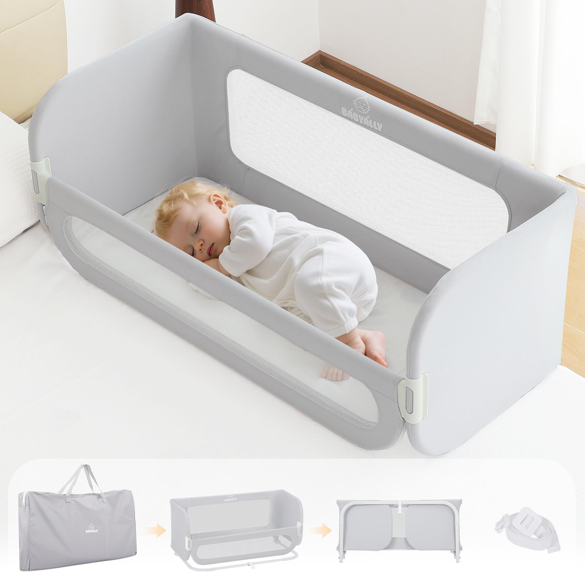 2 en 1 Barrera de Cama Abatible 185cm, Cuna Colecho con Bolsa de Transporte Viaje para Viajar o Vacaciones - Sin instalación, Fácil de Transportar - Gris