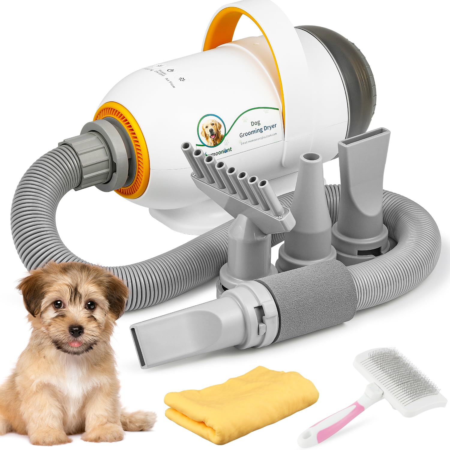 Mxmoonant 2800W Secador de Perros, Secado y Aspirado de Pelos Flotantes, Velocidad y Temperatura Ajustable, con 4 Boquillas Diferentes & Cepillo para Mascotas & Toalla para Mascotas