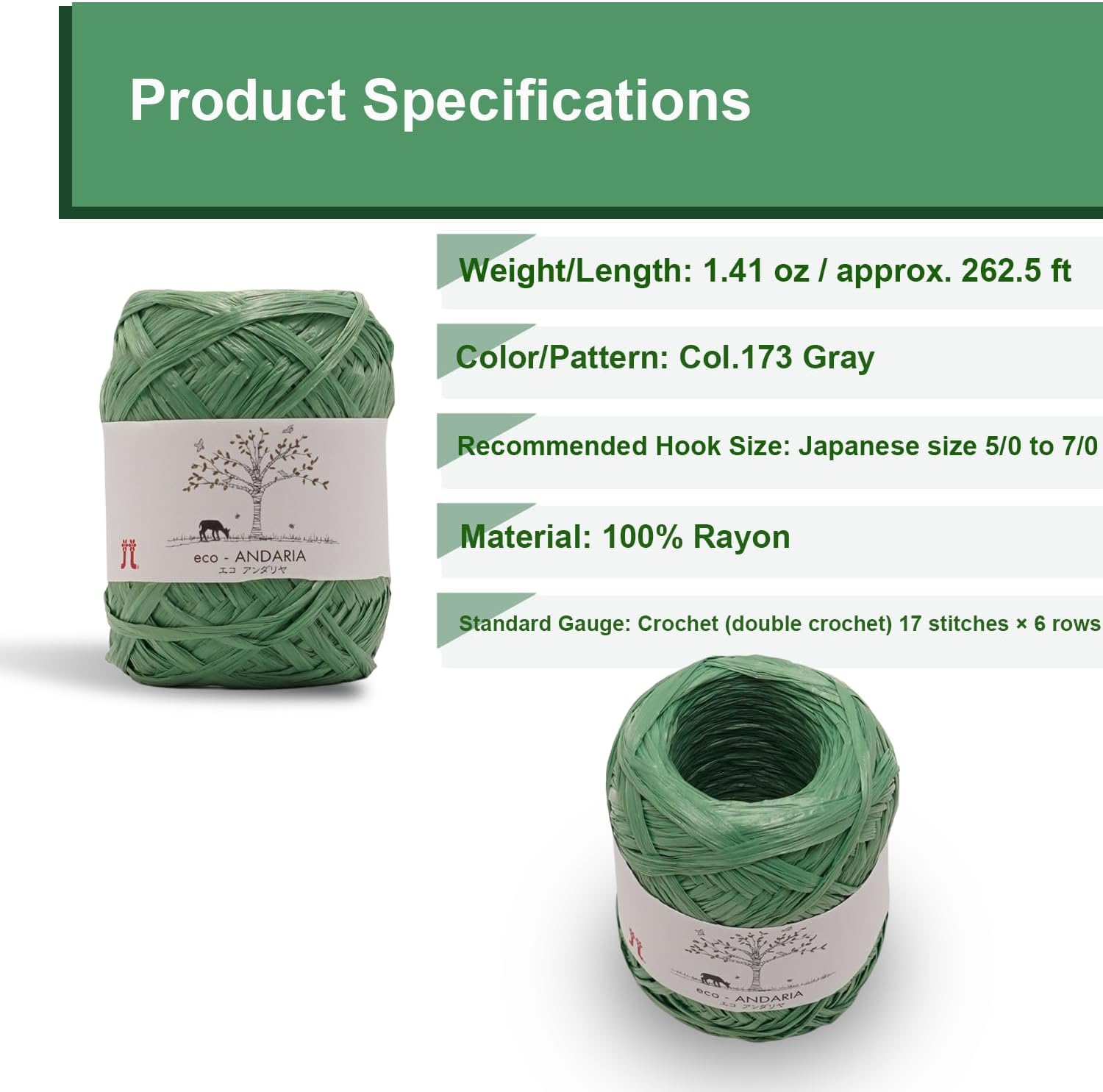 Hamanaka Eco Andaria 5-Ball Set – 100% Rayon Tape Yarn for Crochet and Knitting, Biodegradable, Lightweight for Summer Hats, Bags, and DIY Crafts (Green)