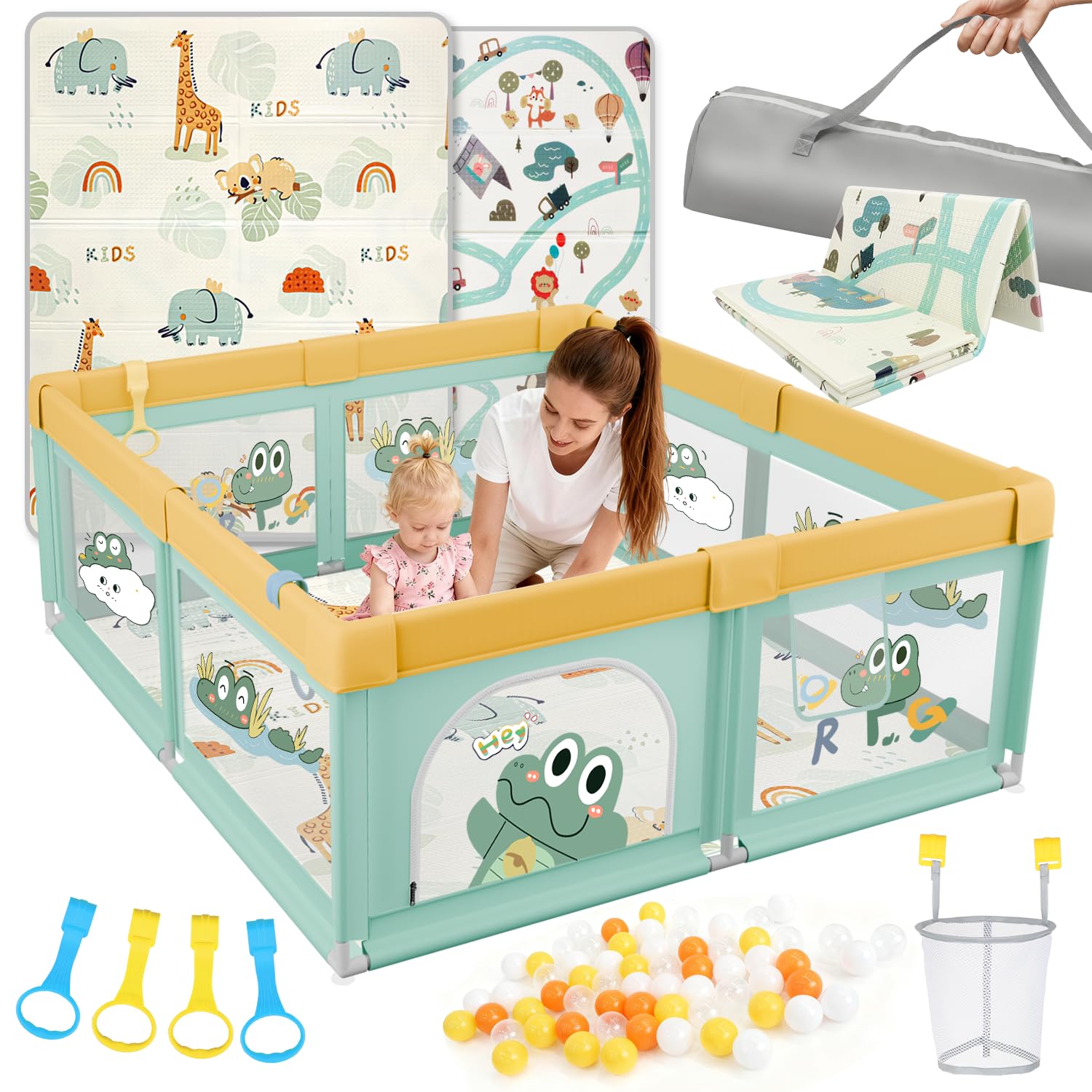Parque infantil para bebé, 180 x 200 cm, con colchón, XXL con fondo antideslizante y red transpirable, tejido Oxford 210D, parque infantil estable y seguro, Playpen, 60 pelotas, 4 asas