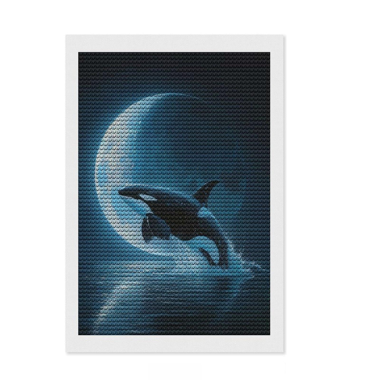 Junmoney Orca Leaping Under The Moon Crystal Diamond Art Kit 8"x12", Vintage Style Decor, Stress Relief Craft, Thoughtful Present, Aesthetic Room Decor