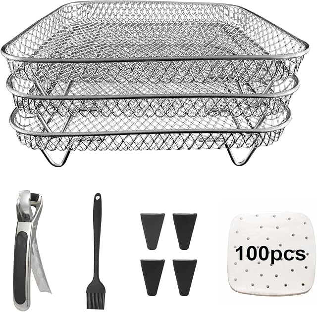 Square Air Fryer Rack Set by Magla. Compatible with Ninja Speedi 5.7L, Cosori 5.5L, Tefal 6.5L Air Fryer etc. Including 4 Feet for Extendable Space. Air Fryer Basket, Air Fryer Accessories