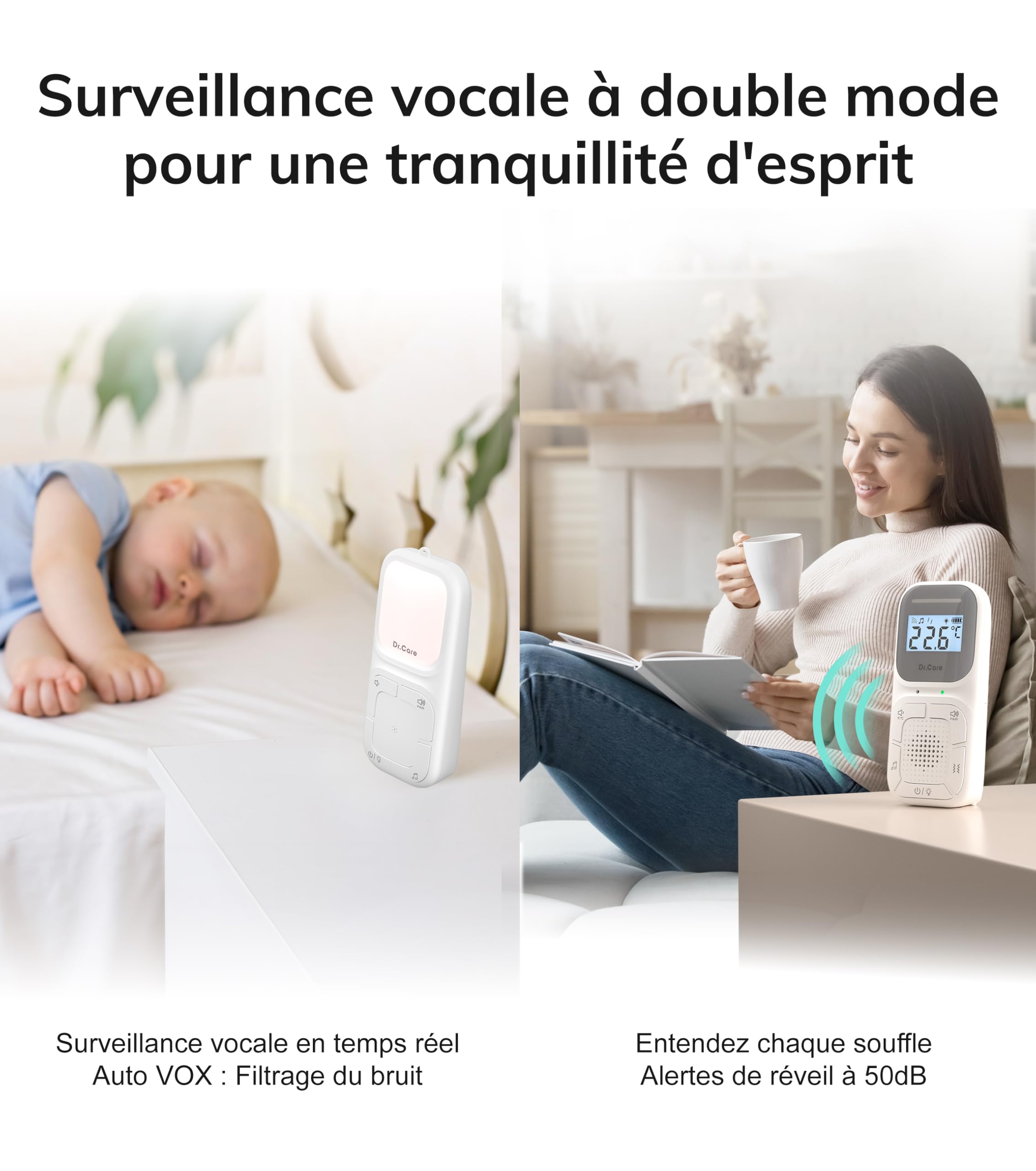 Dr.Care Neo Go Moniteur Audio Portable pour Bébé & Machine à Sons | Aide Sommeil, 300m Portée, Batterie Jour & Nuit, Clip Portable, VOX, Veilleuse, 8 Berceuses